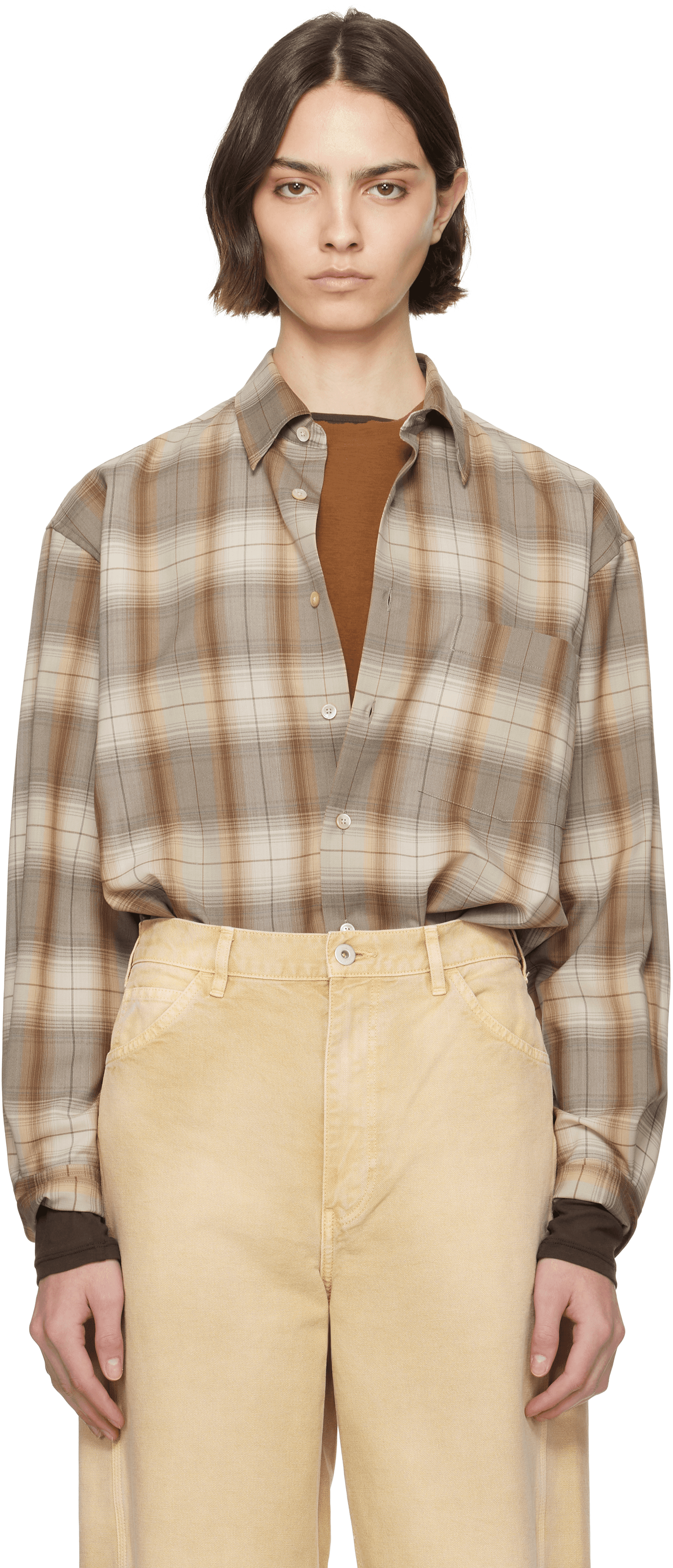 Brown & Gray Super Light Wool Check Shirt - Image 1