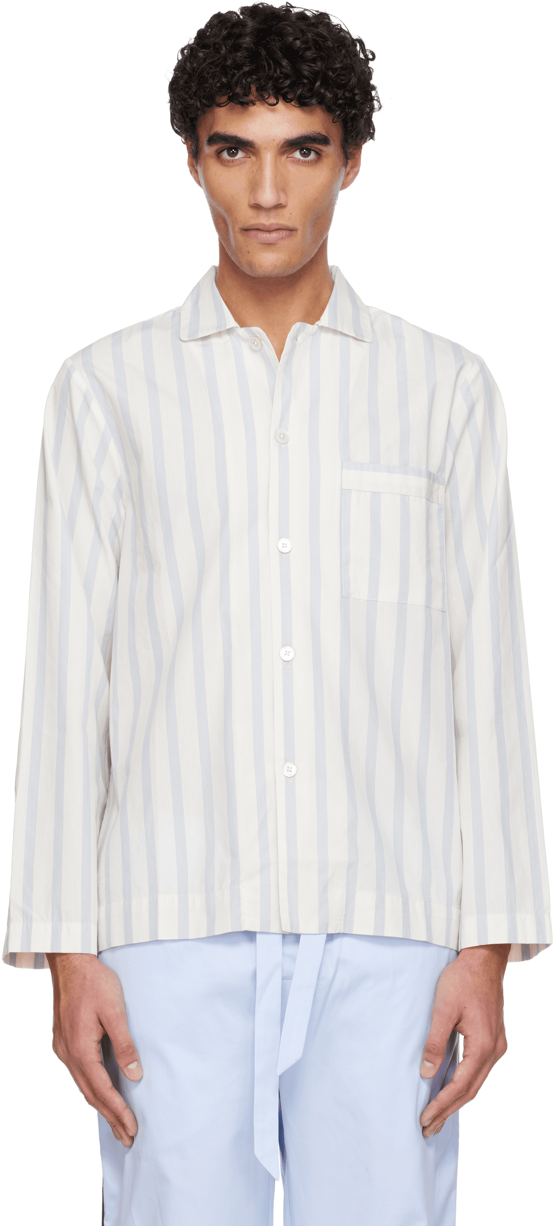White & Blue Poplin Long-Sleeved Pyjama Shirt - Image 1
