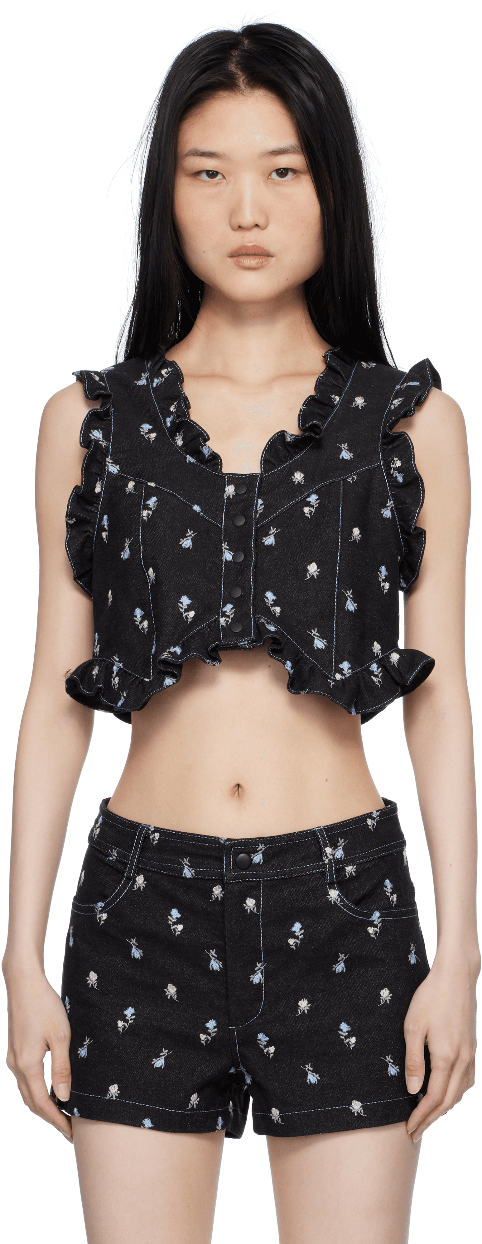 Black Embroidered Roses Cropped Denim Vest - Image 1
