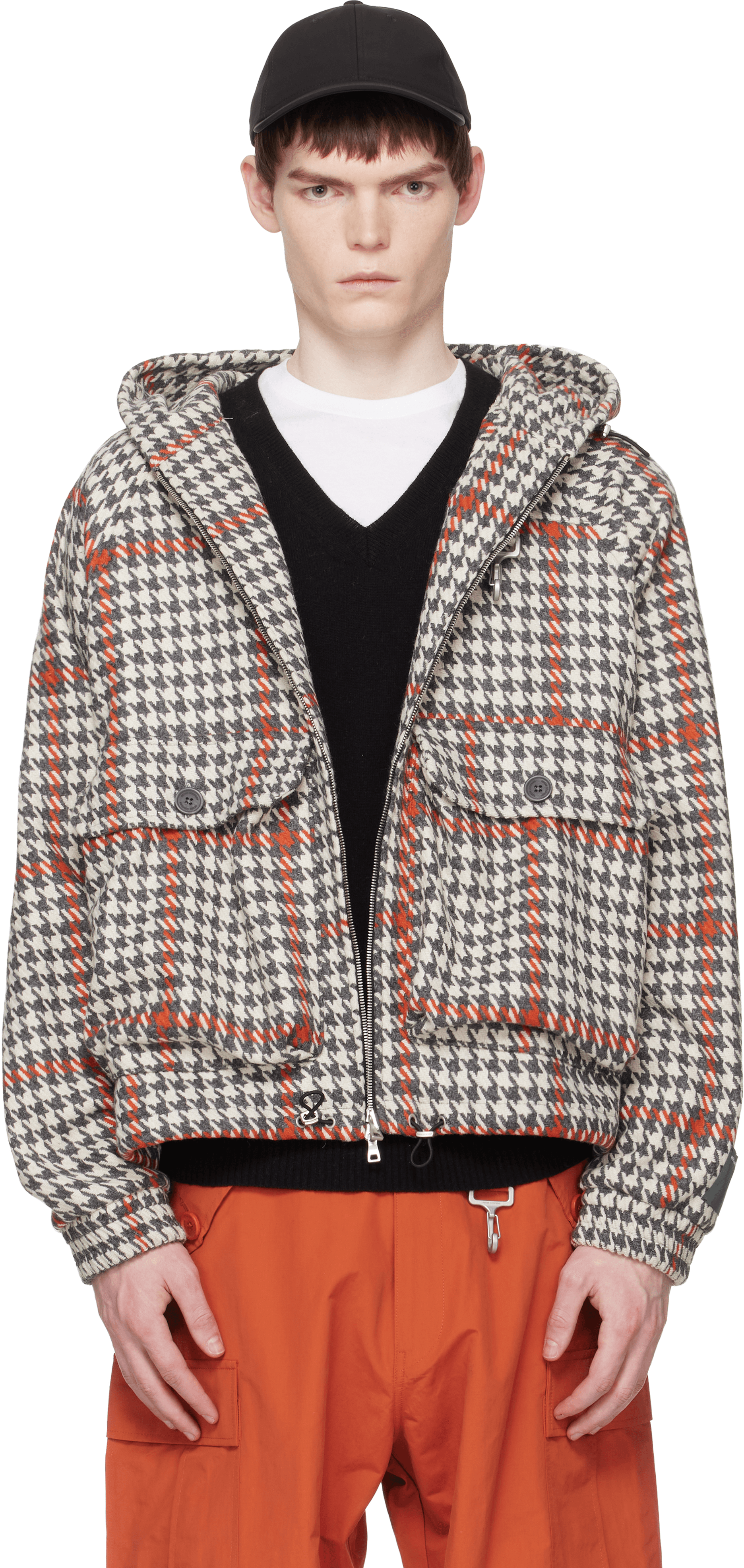 Gray & Orange Wool Houndstooth Hooded Cargo Jacket - Image 1