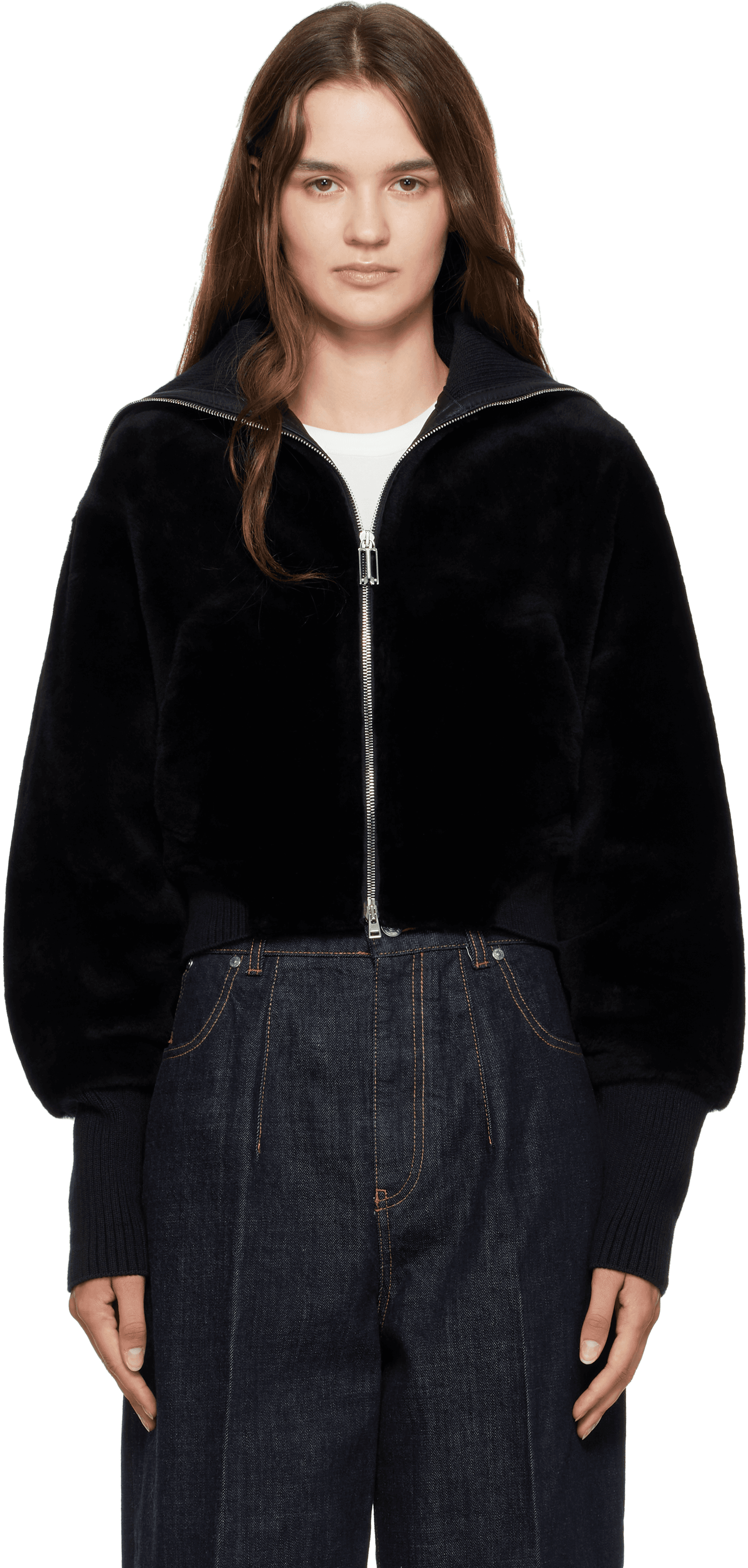Black Zip Shearling Bomber Jacket - Image 1