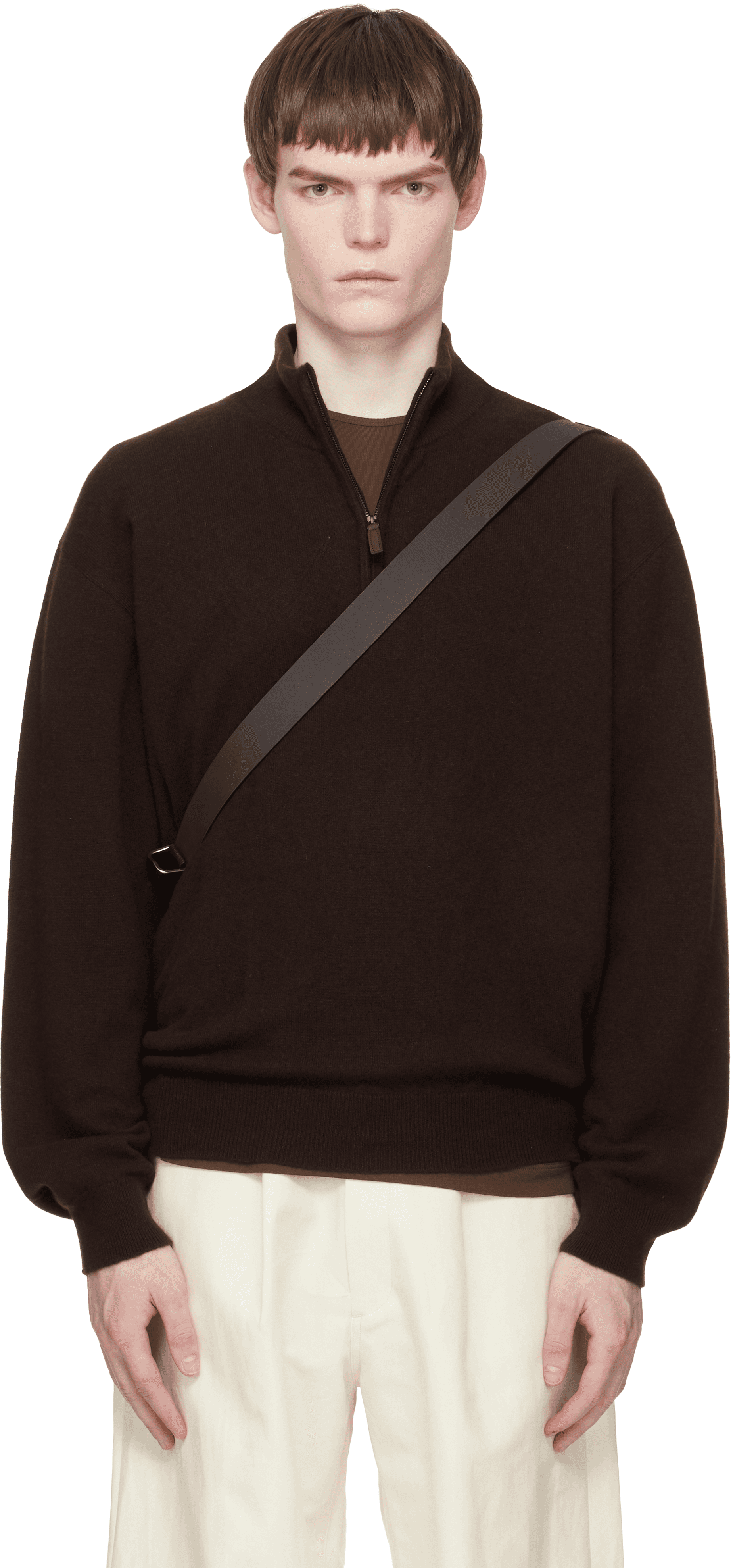 Brown Pure Cashmere Knit Half Zip LS Sweater - Image 1
