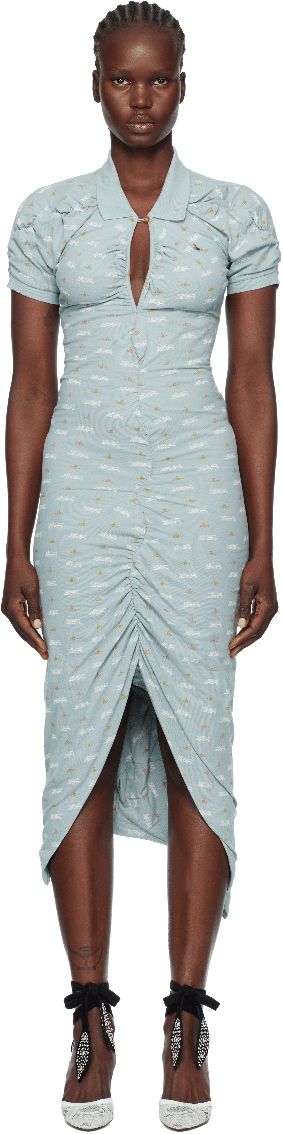 Blue Printed Piquet Pulling Midi Dress - Image 1