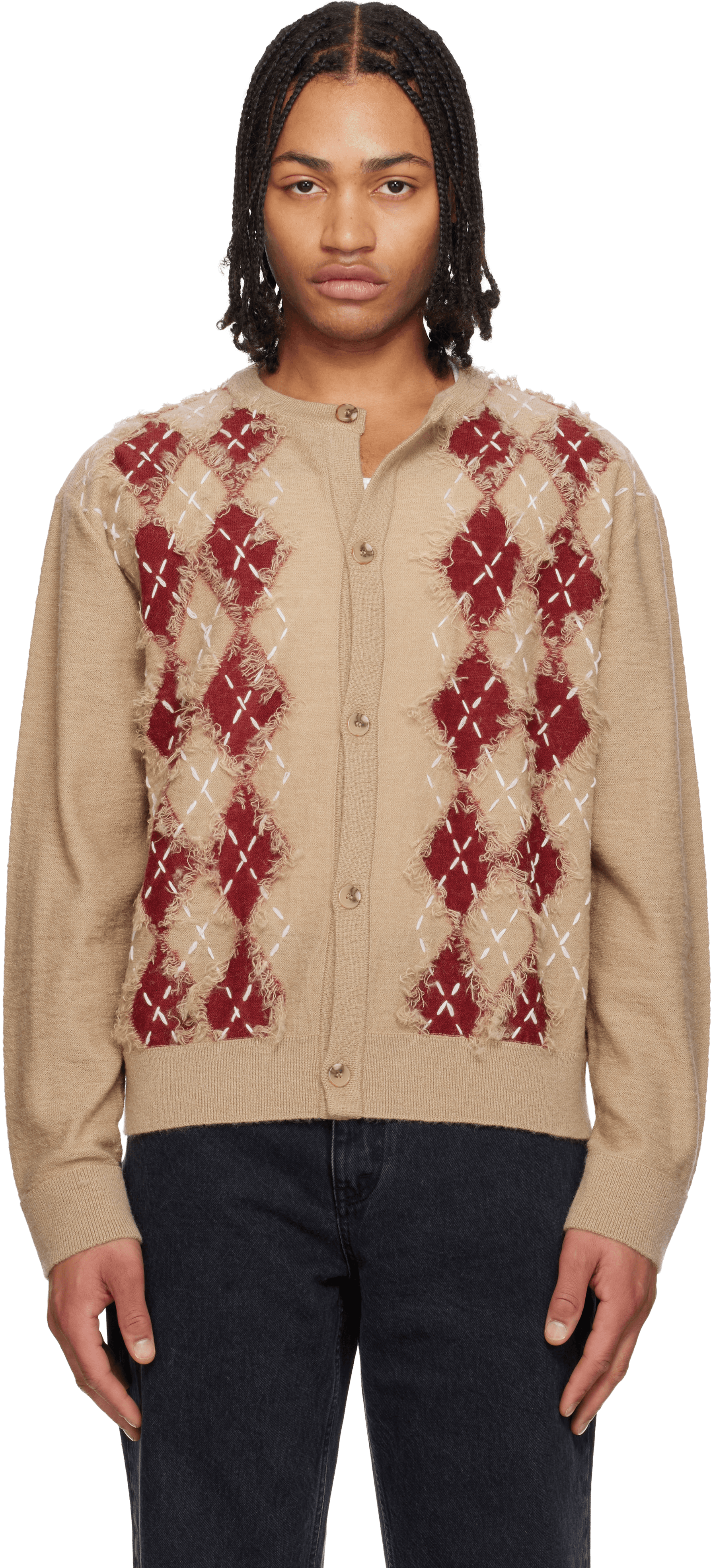 Beige Argyle Roundneck Cardigan - Image 1