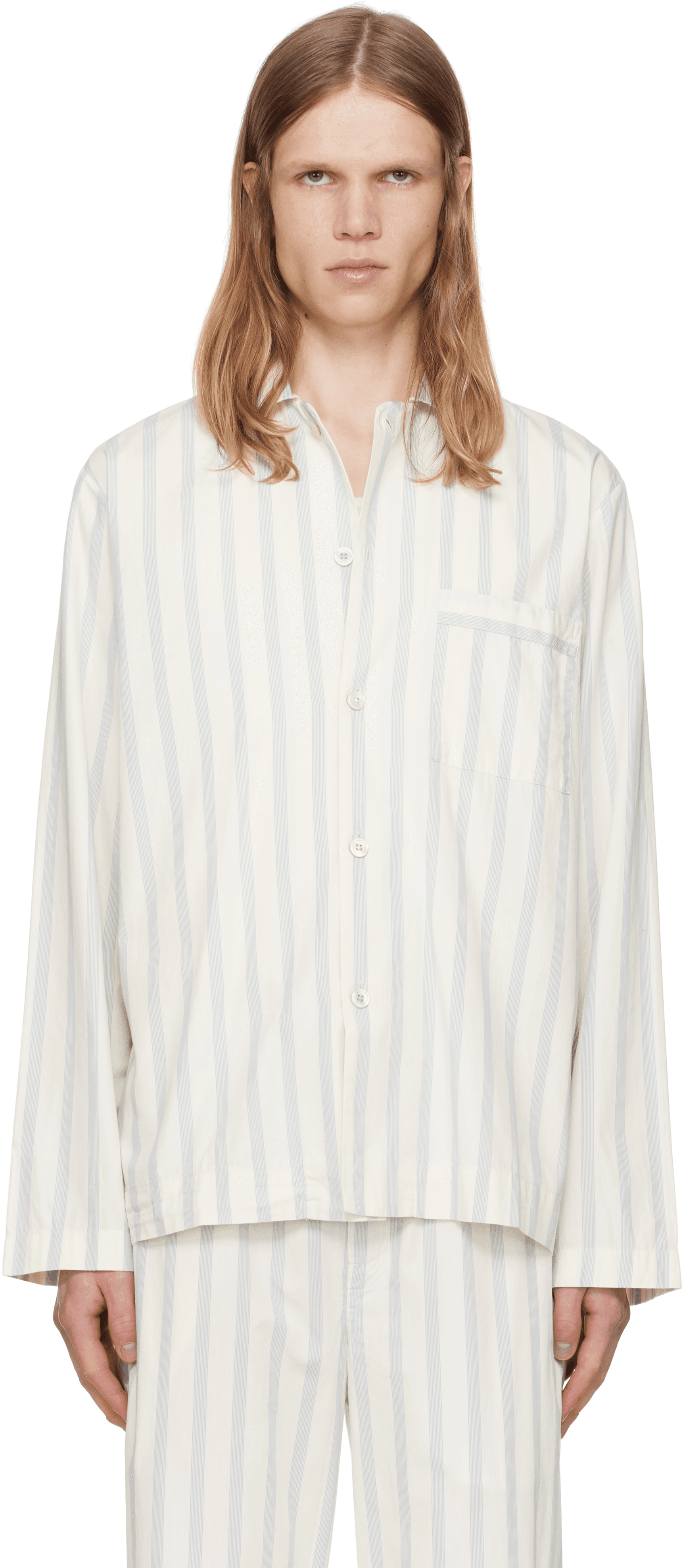 Off-White & Navy Poplin Long-Sleeved Pyjama Shirt - Image 1
