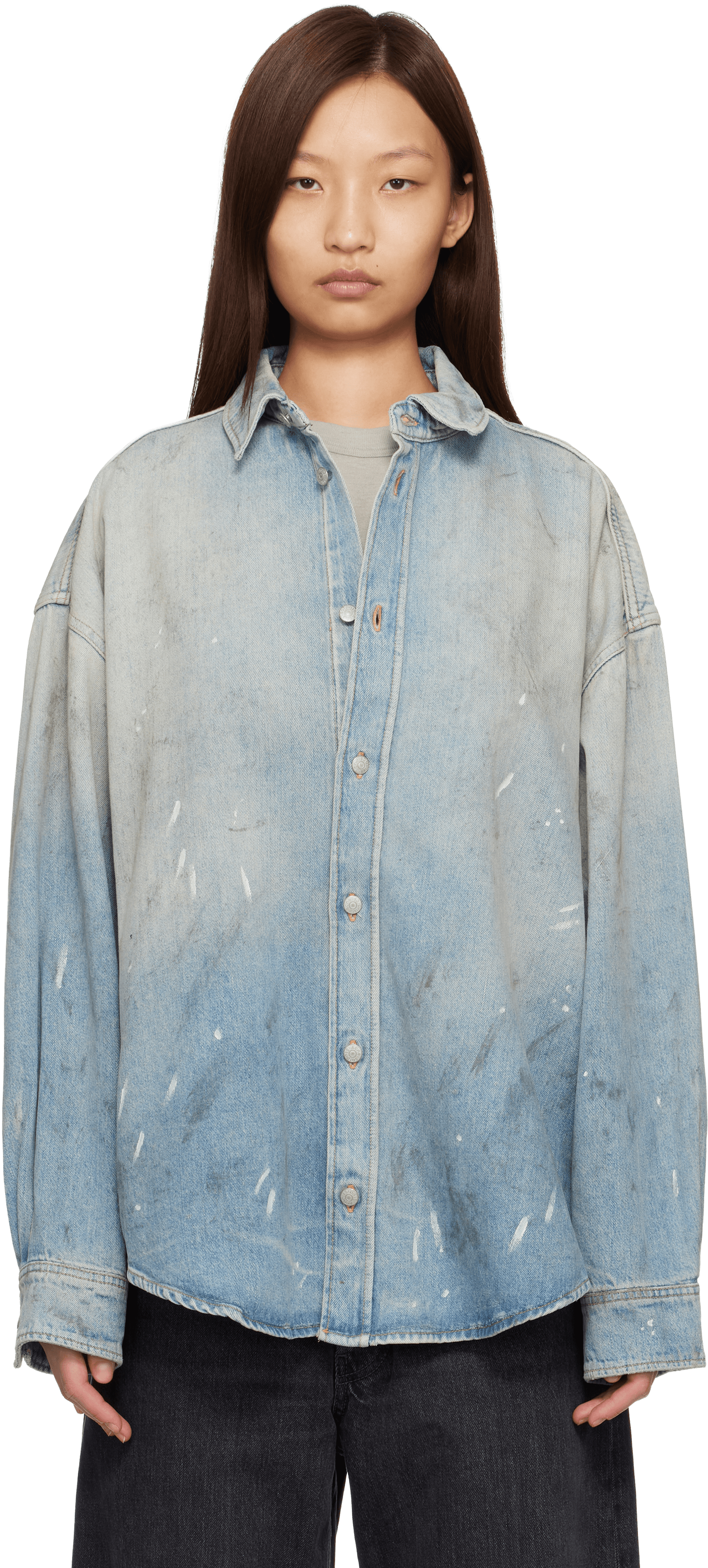 Blue Paint Splatter Denim Shirt - Image 1
