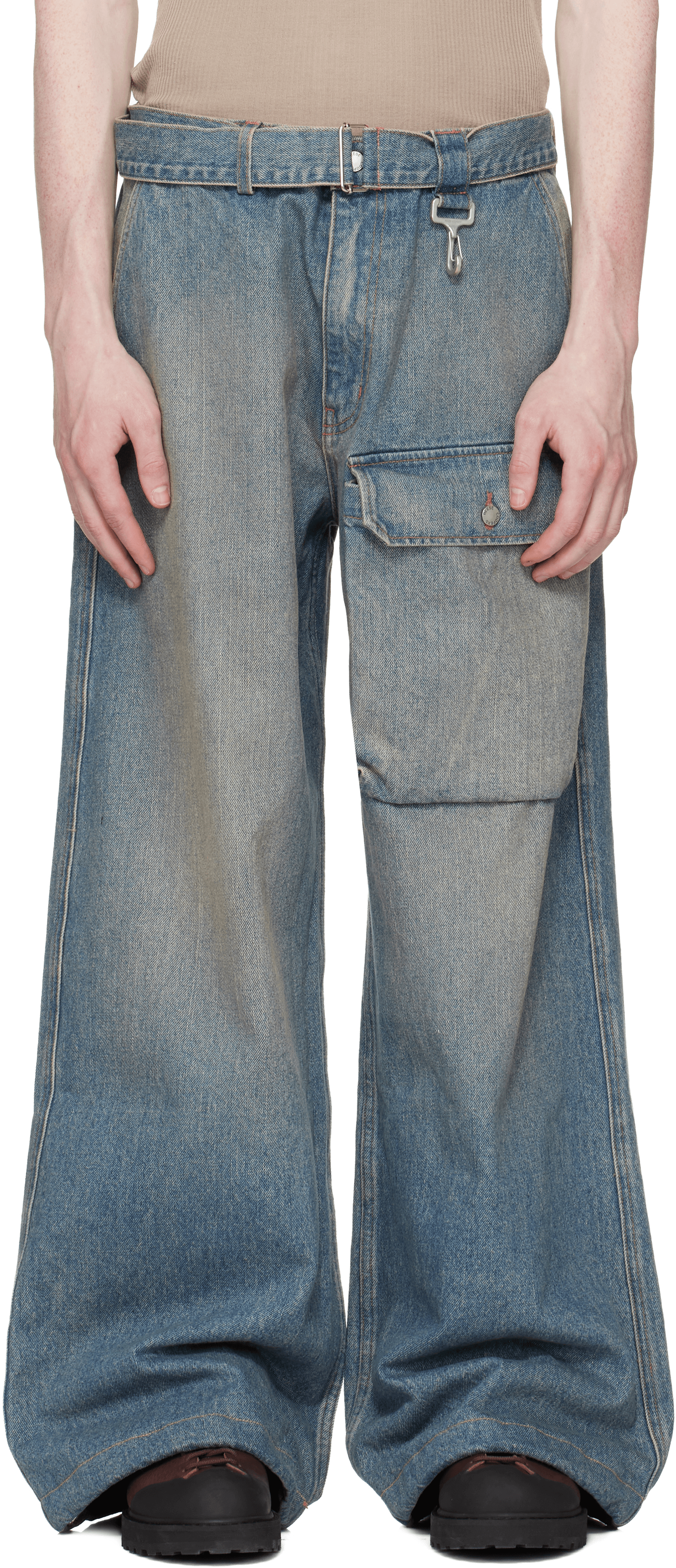 Blue Washed Denim Patch Pocket Belted Cargo Jeans - Image 1