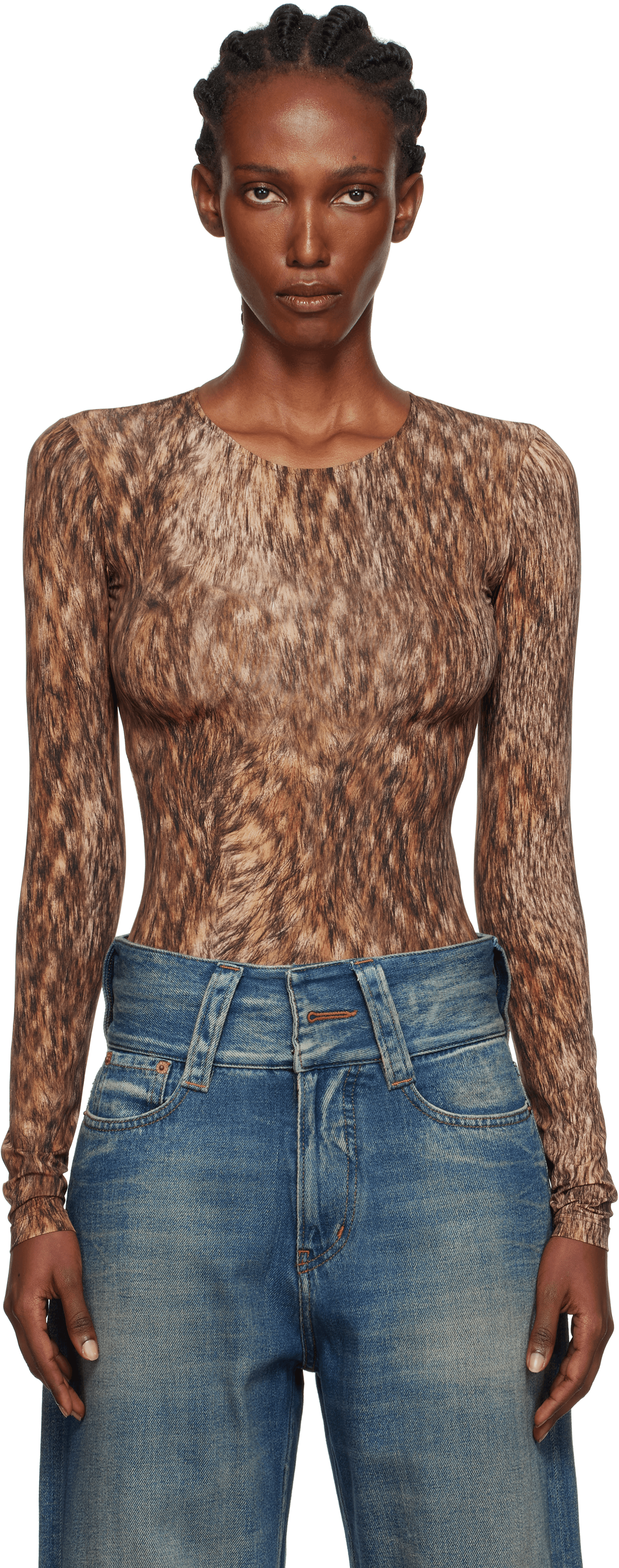 Brown Printed Jersey Bodysuit - Image 1