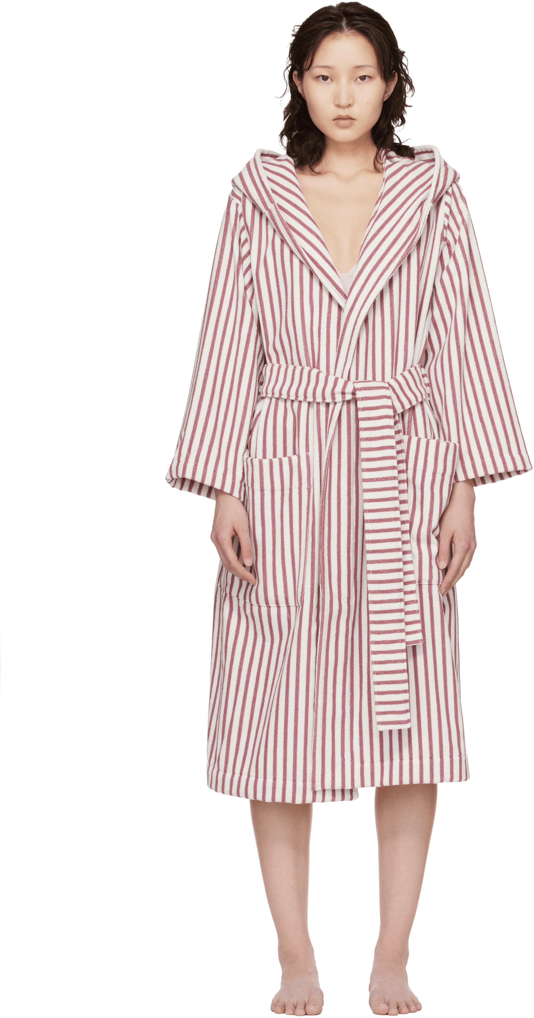 White & Red Terry Hooded Bathrobe - Image 1