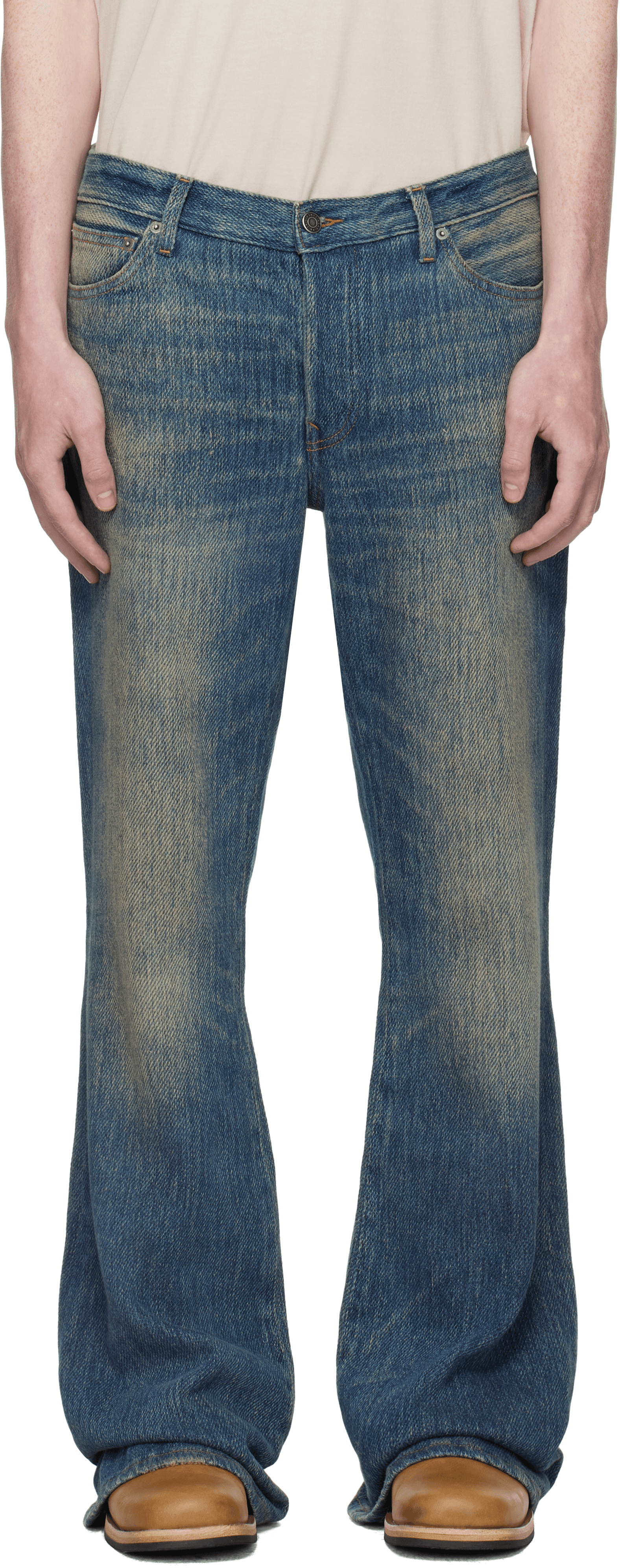 Blue Jimmy Twill Yarn Dye Flare Leg Jeans - Image 1