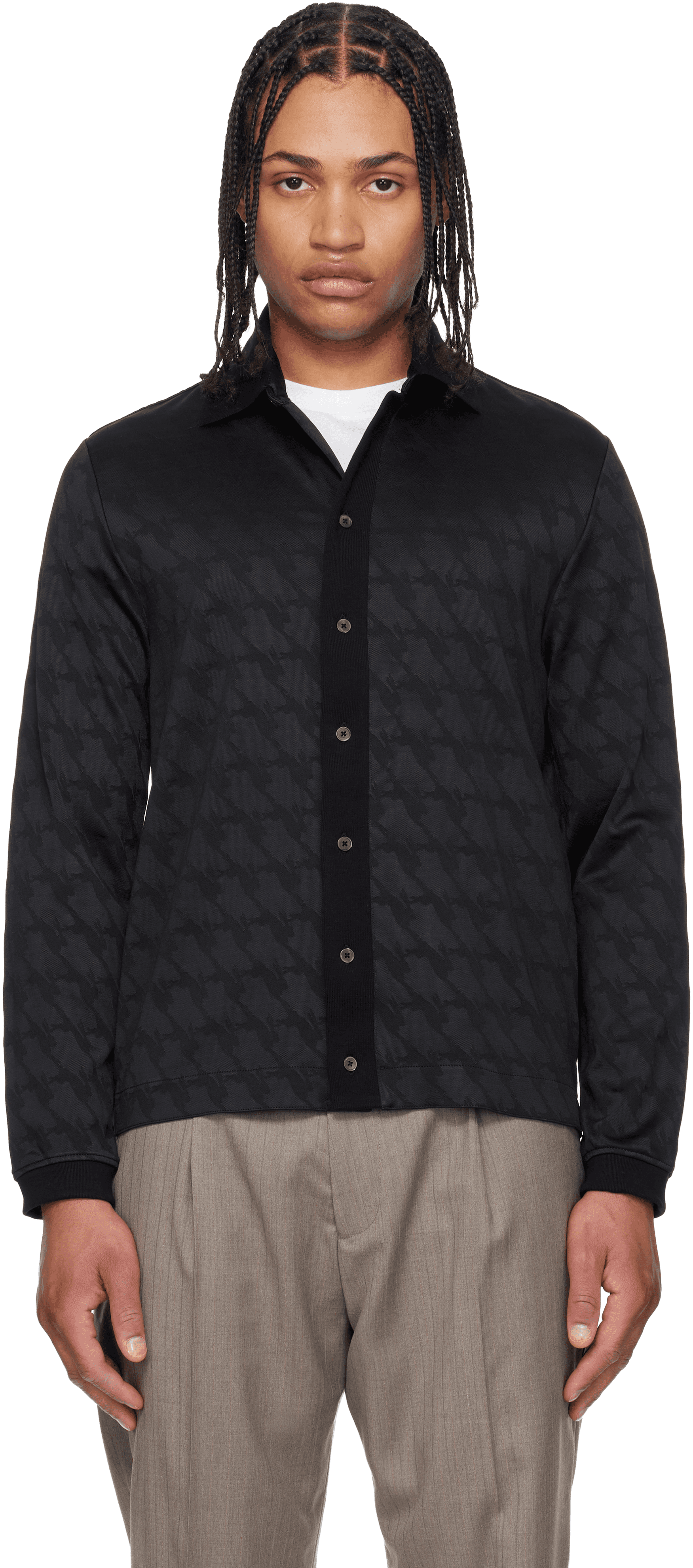 Black & Navy Long Sleeve Jacquard Polo Shirt - Image 1