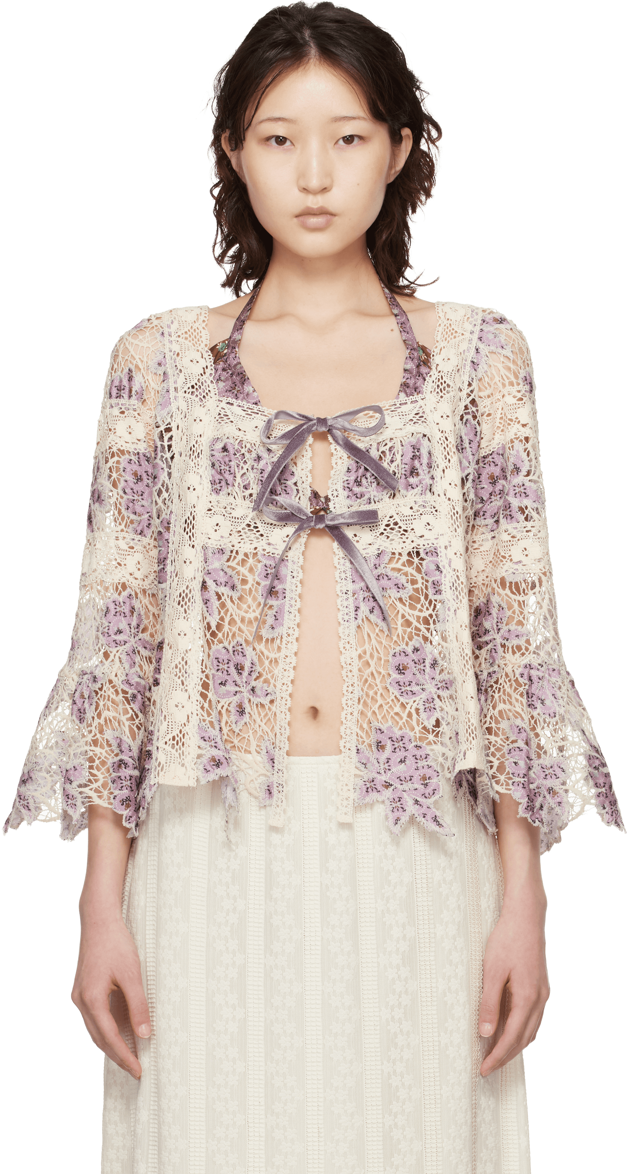 Purple & Off-White Medallion Floral Lace Tie Blouse - Image 1