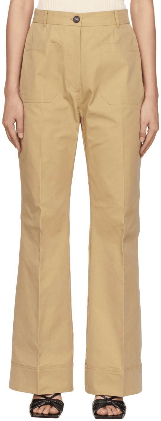 Beige Cotton Patch Pocket Flared Trousers - Image 1