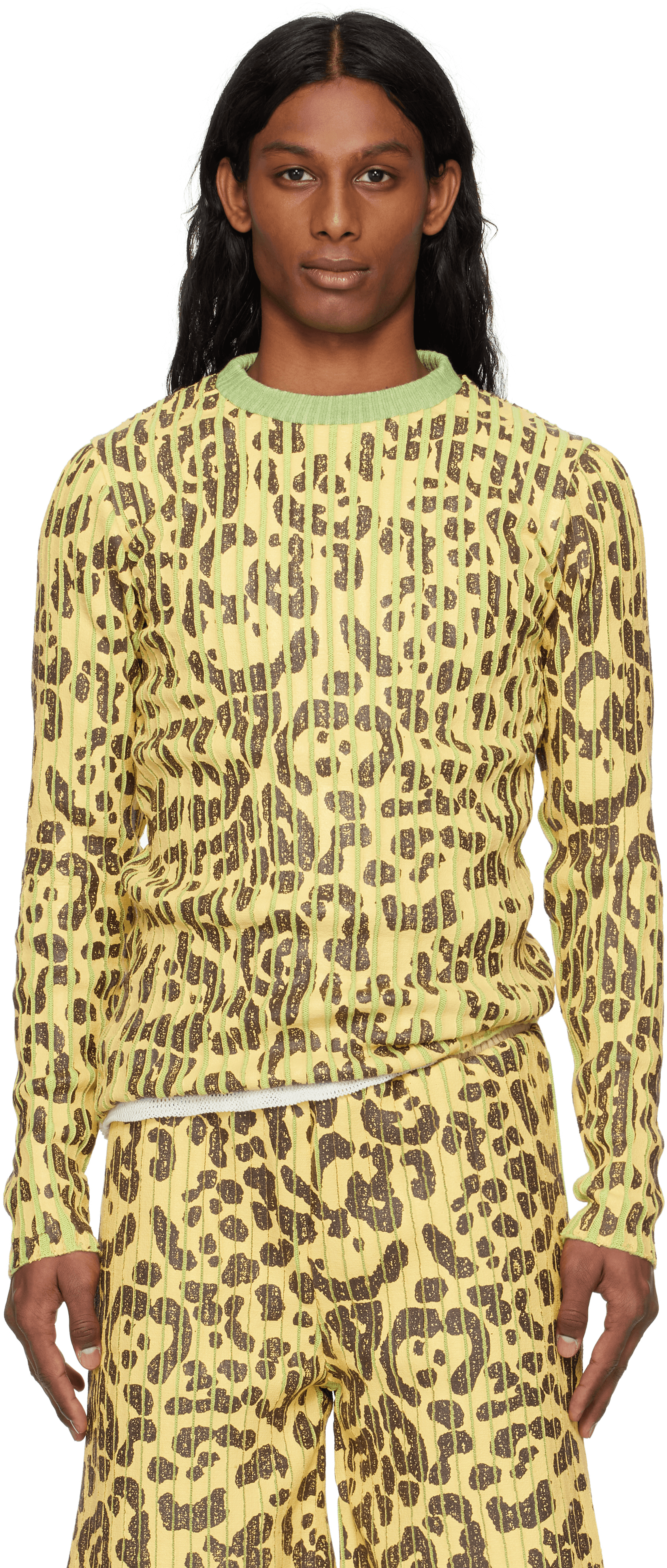 Yellow & Green Leopard Print Plated Knit Crewneck Sweater - Image 1