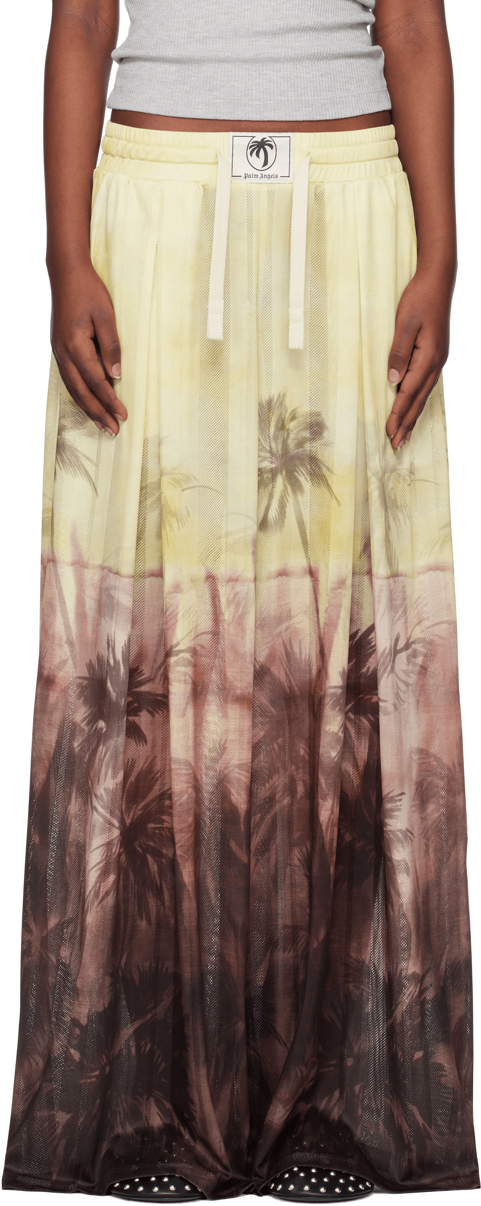 Yellow & Brown Sunset Palms Mesh Trousers - Image 1