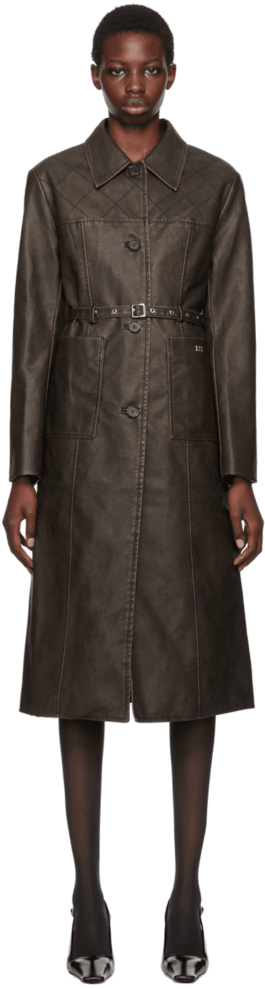 Brown Stitched Faux-Leather Coat - Image 1