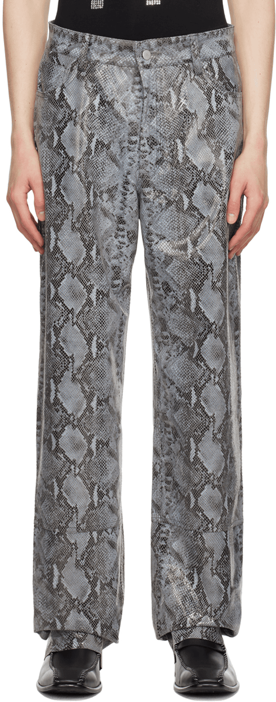 SSENSE Exclusive Gray Snake Print Leather Pants - Image 1