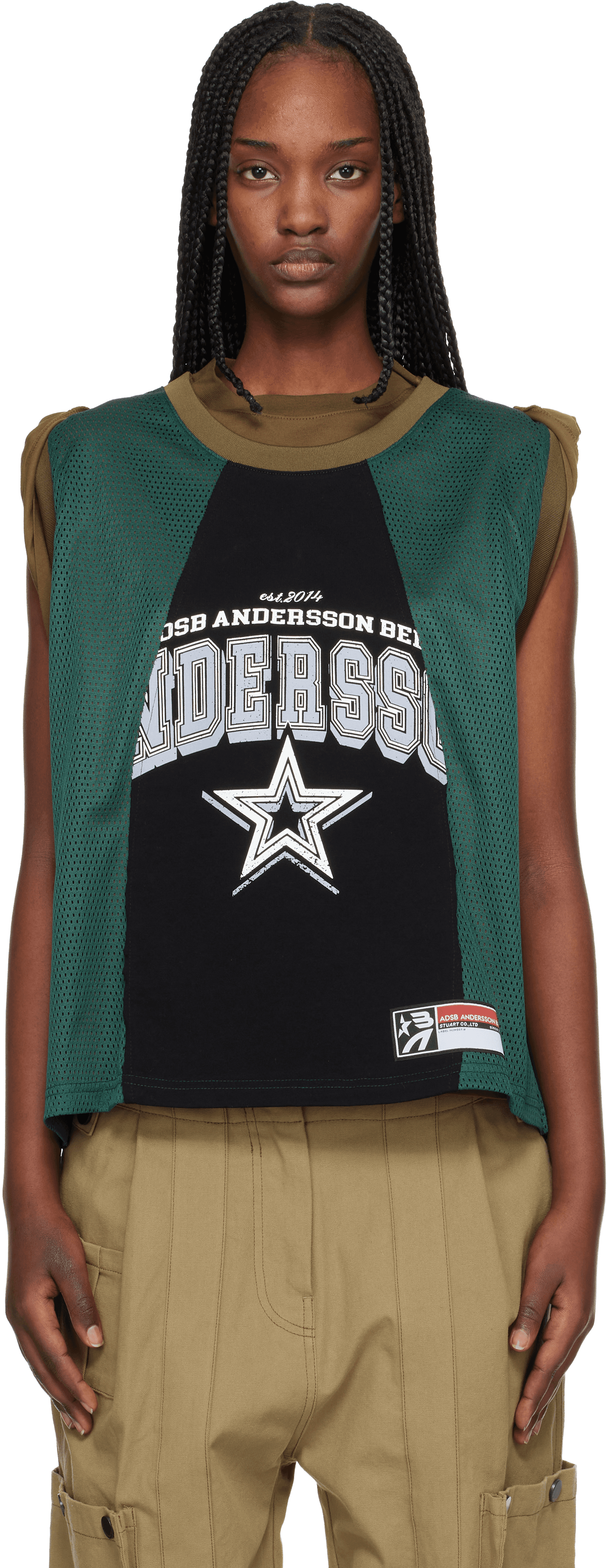 Khaki & Green Layered Roll Up Basketball Jersey T-shirt - Image 1