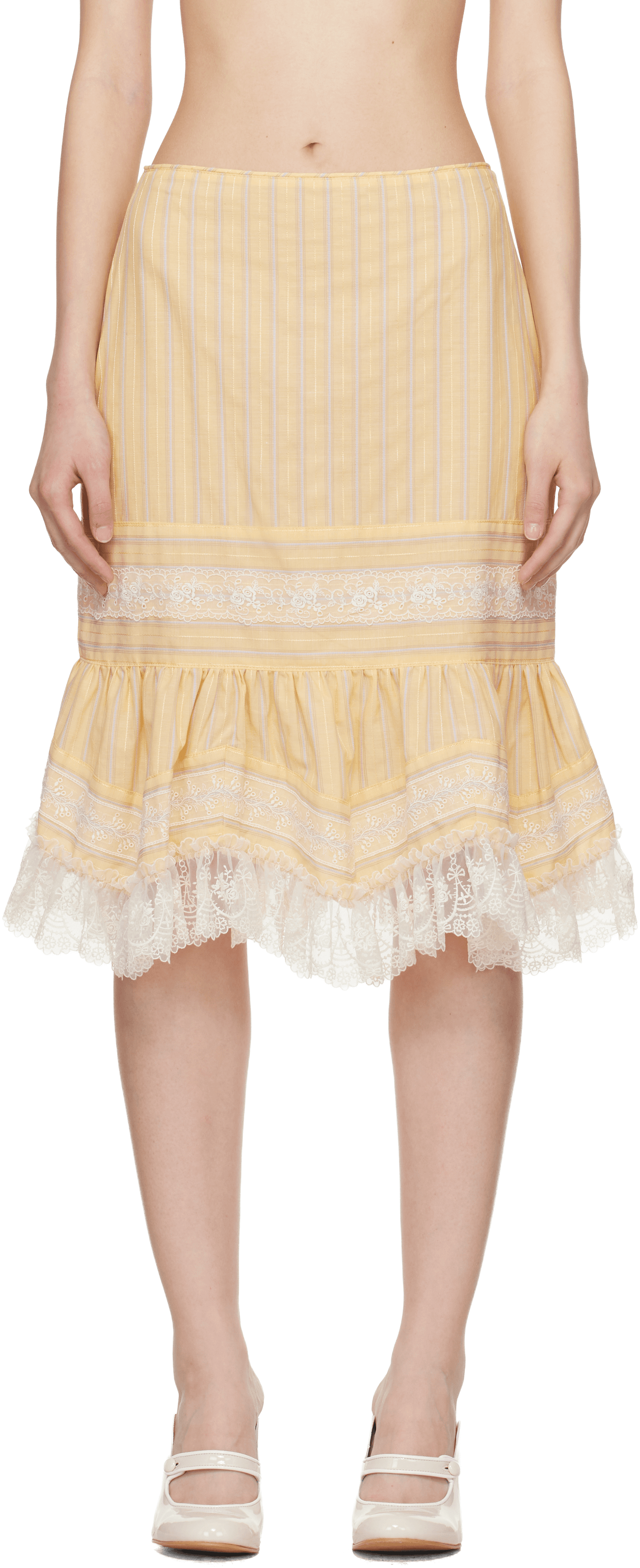 Yellow Ruffle Lace Midi Skirt - Image 1