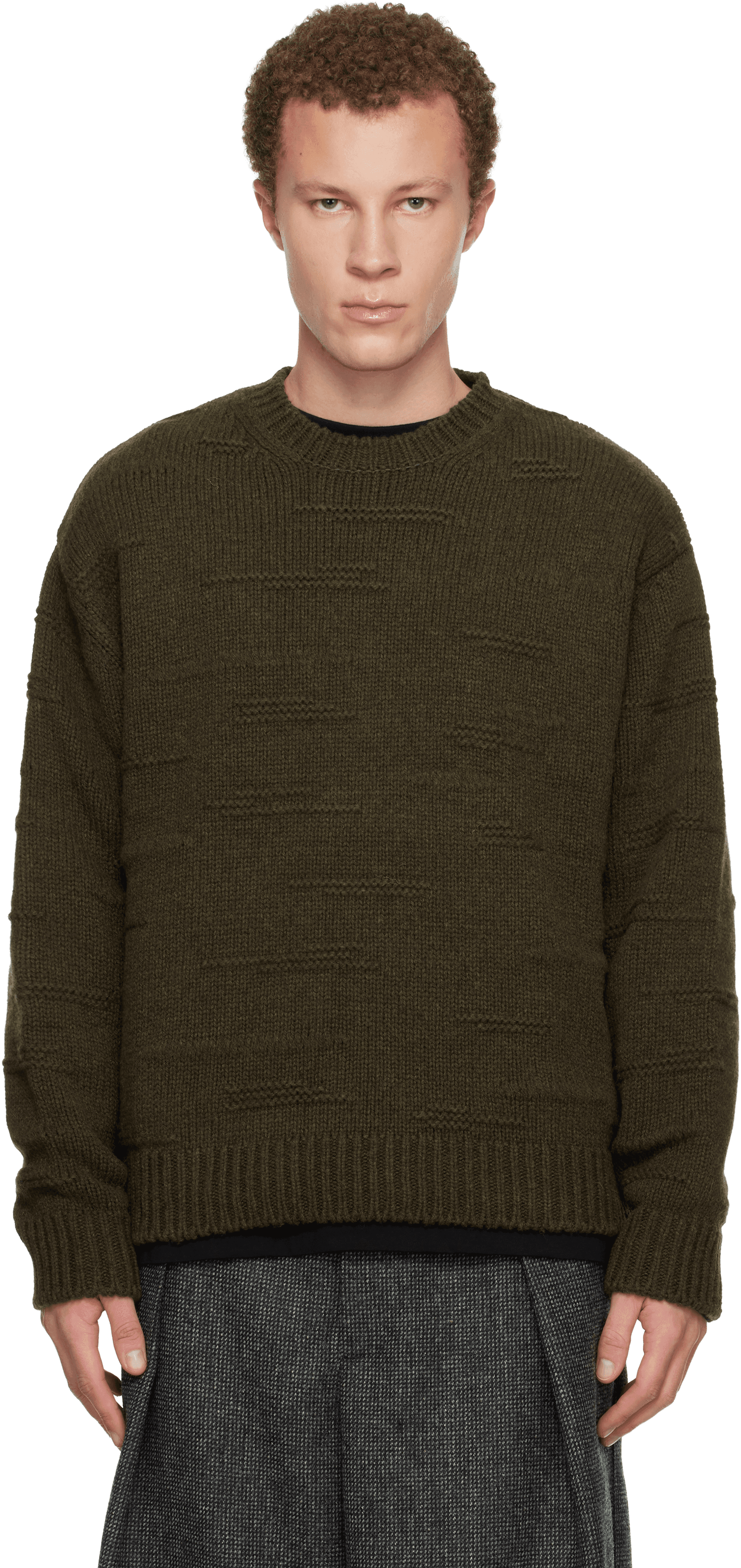 Khaki Textured Stripe Wool Sweater - Image 1