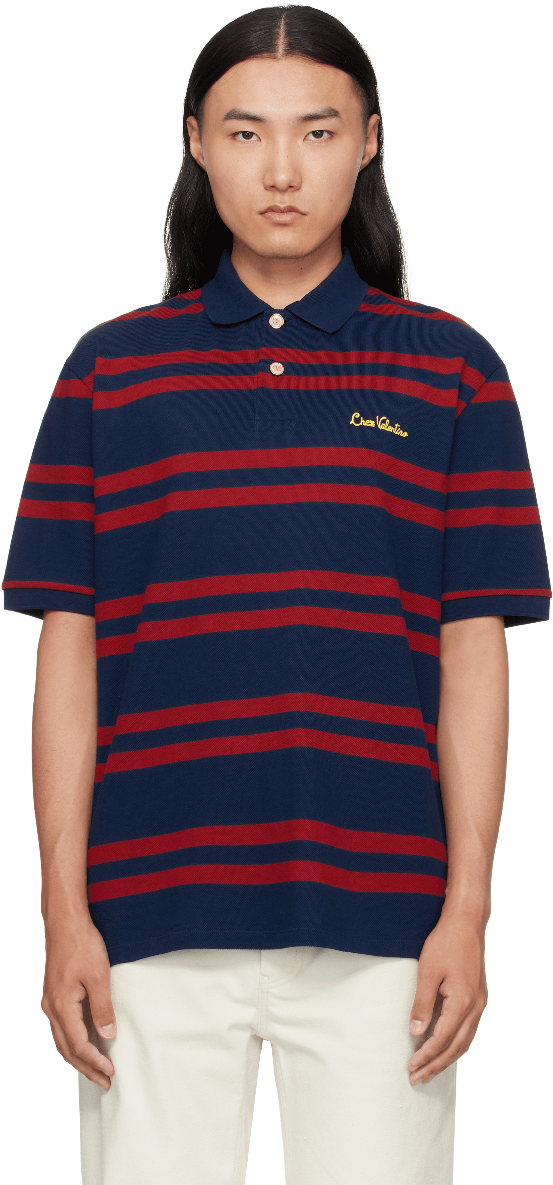 Red & Navy 'Chez Valentino' Embroidery Cotton Piqué Polo - Image 1