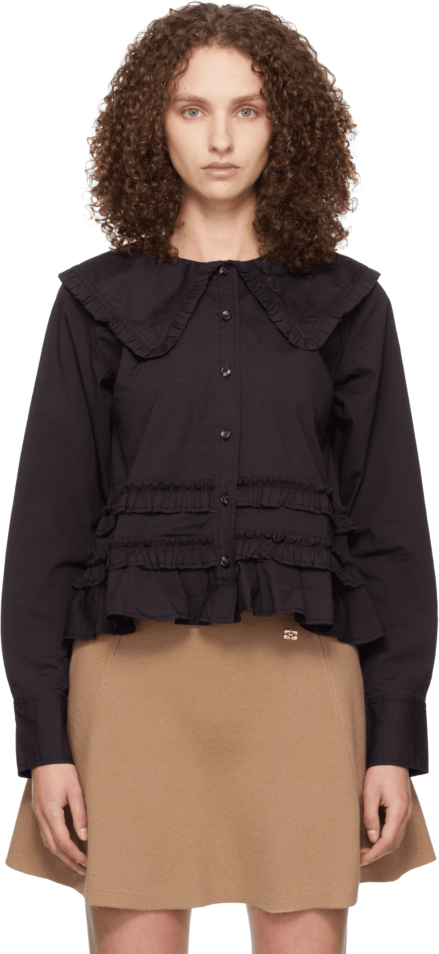 Black Stretch Cotton Ruffle Shirt - Image 1
