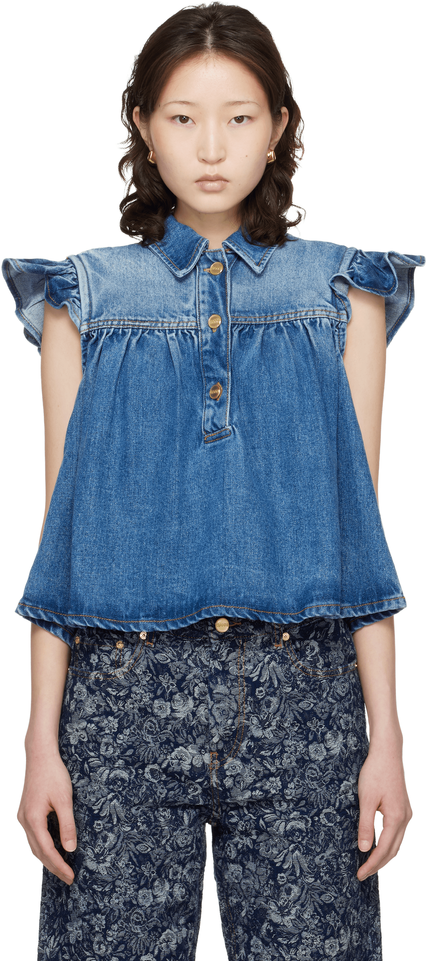 Blue Denim Ruffle Top - Image 1
