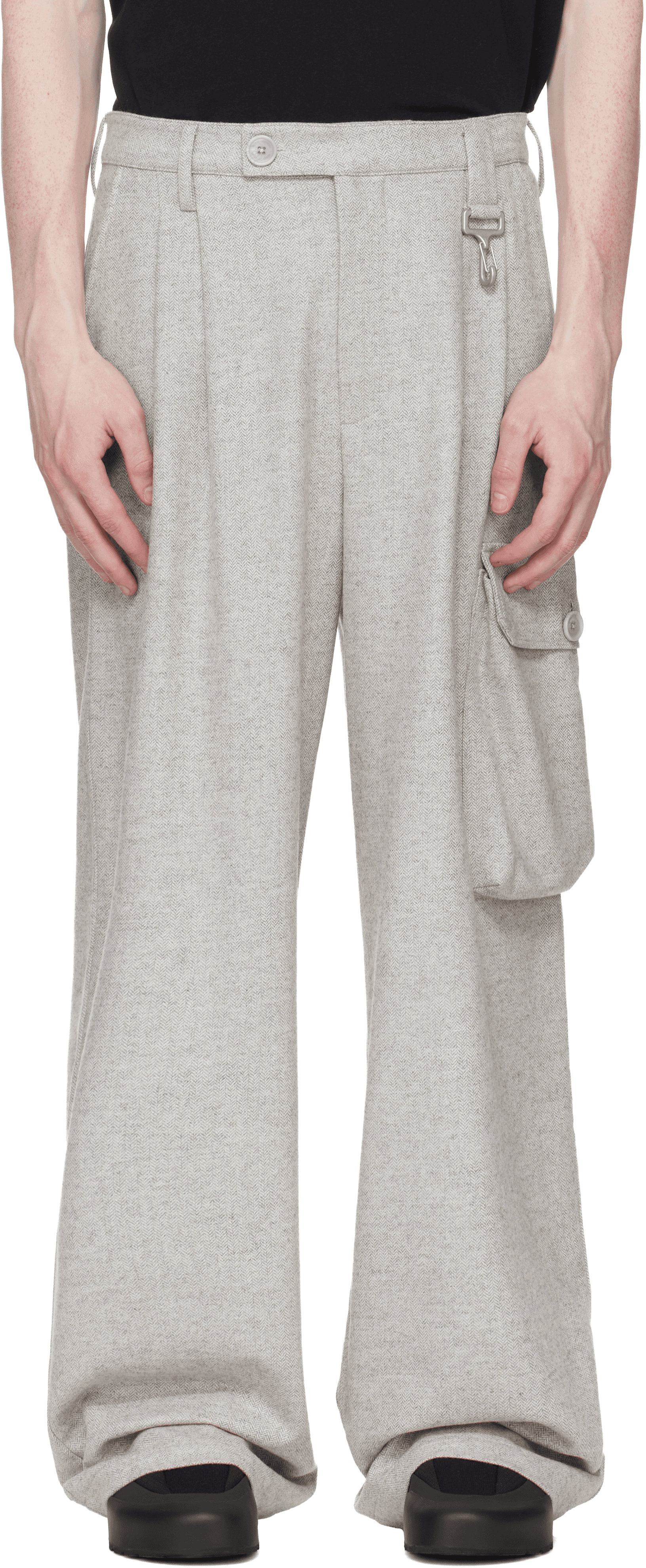 Gray Wool Herringbone Pleated Cargo Pants - Image 1