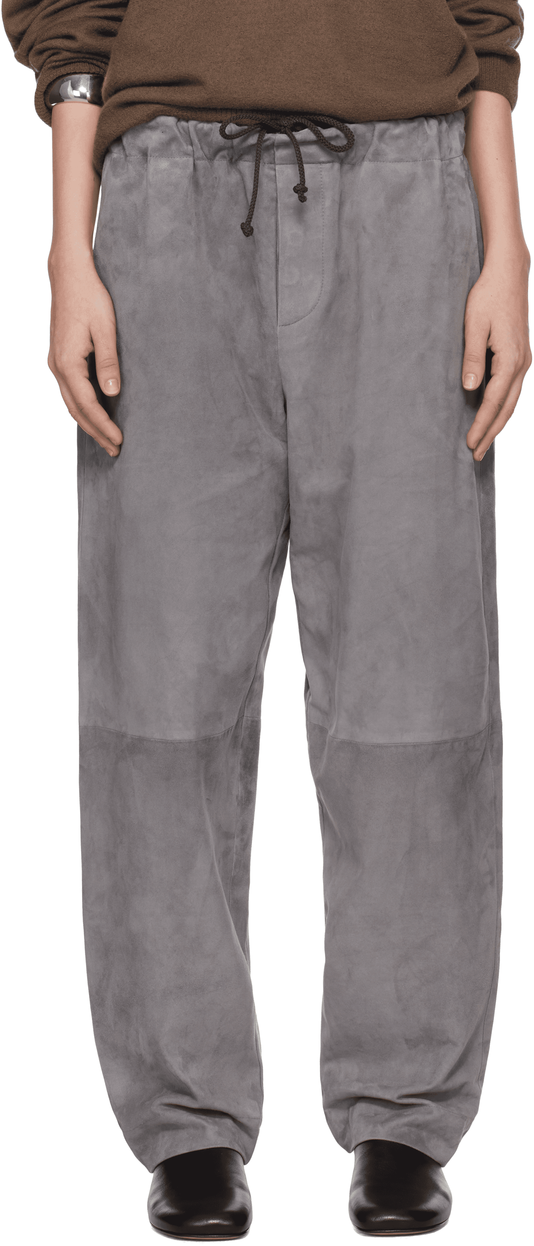 Gray Ed Unlined Drawstring Lamb Suede Trousers - Image 1