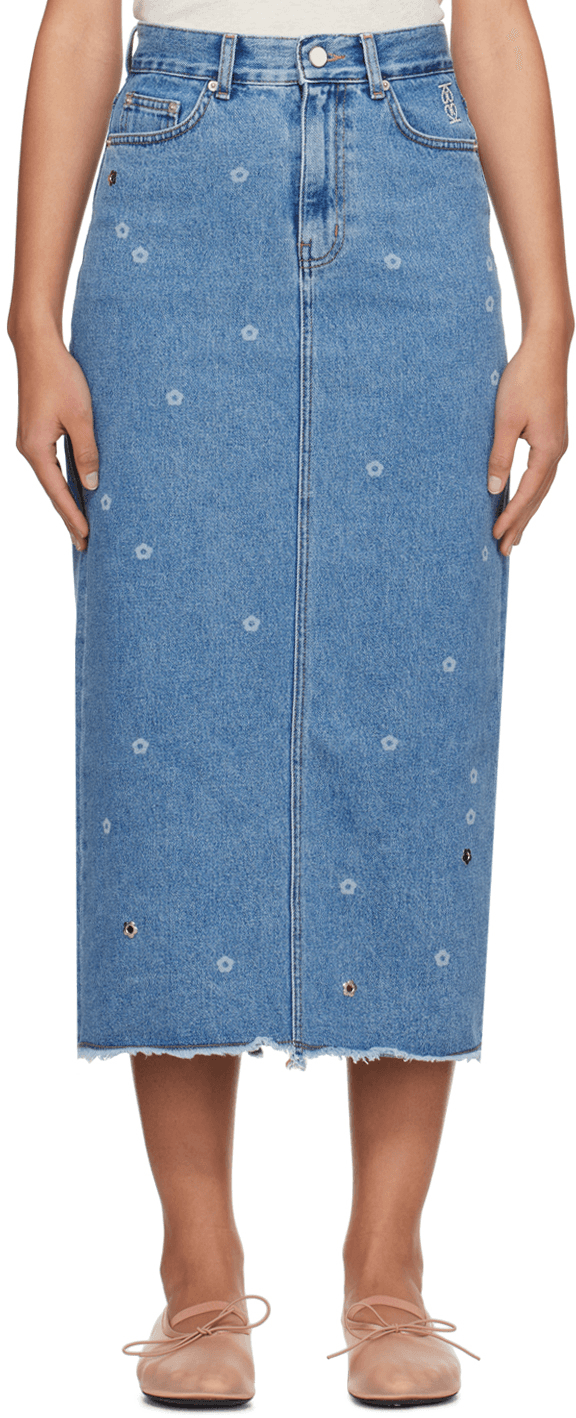 Blue Flower Denim Maxi Skirt - Image 1