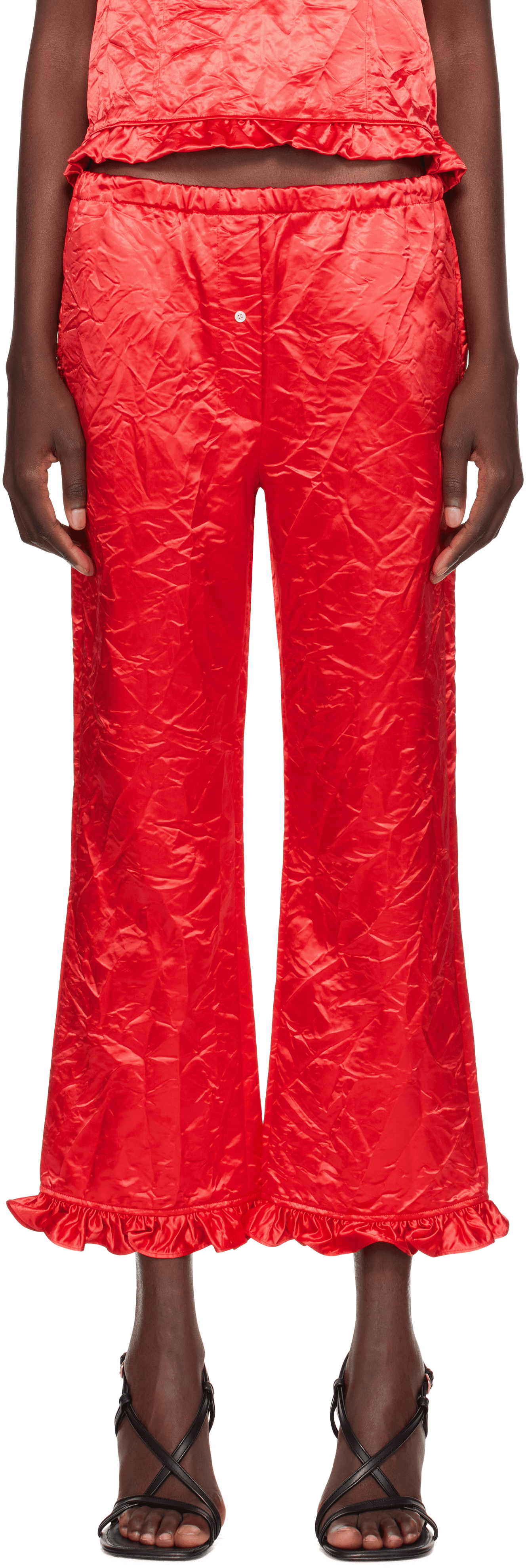Red Creased Satin Trousers - Image 1
