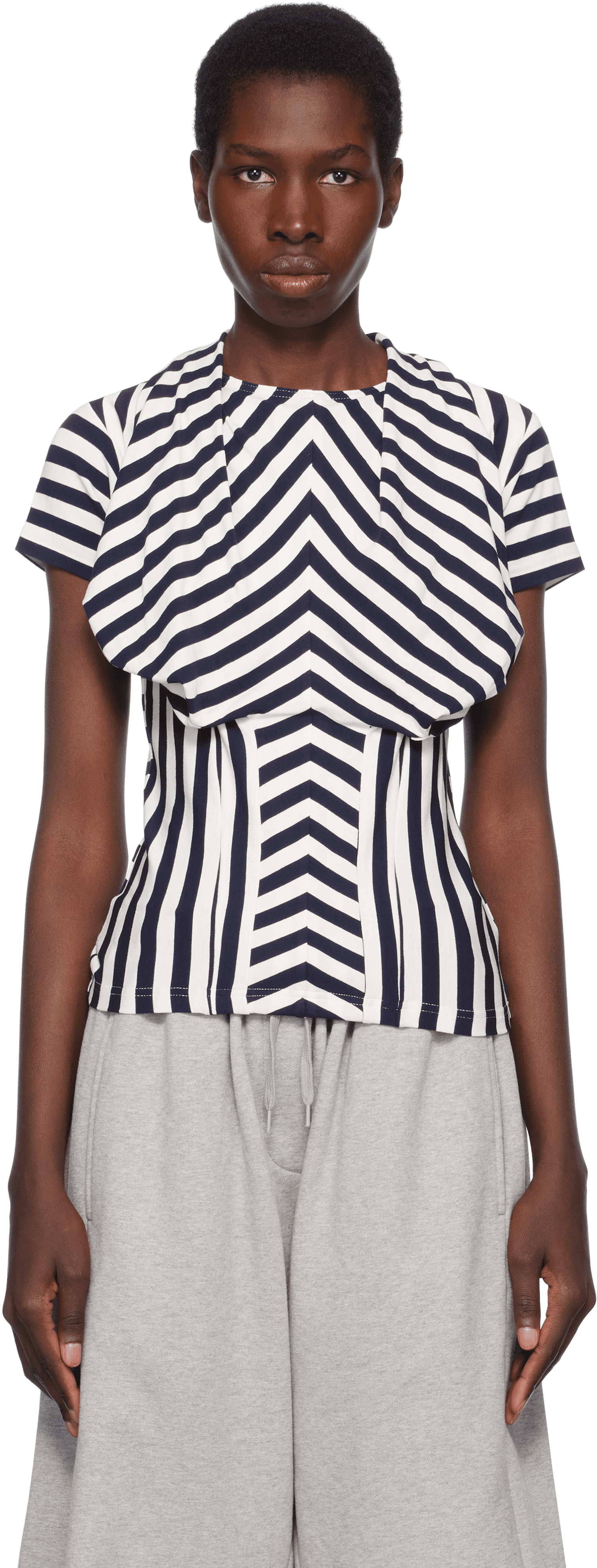 Navy & White Stripe Bra Draping Jersey T-shirt - Image 1