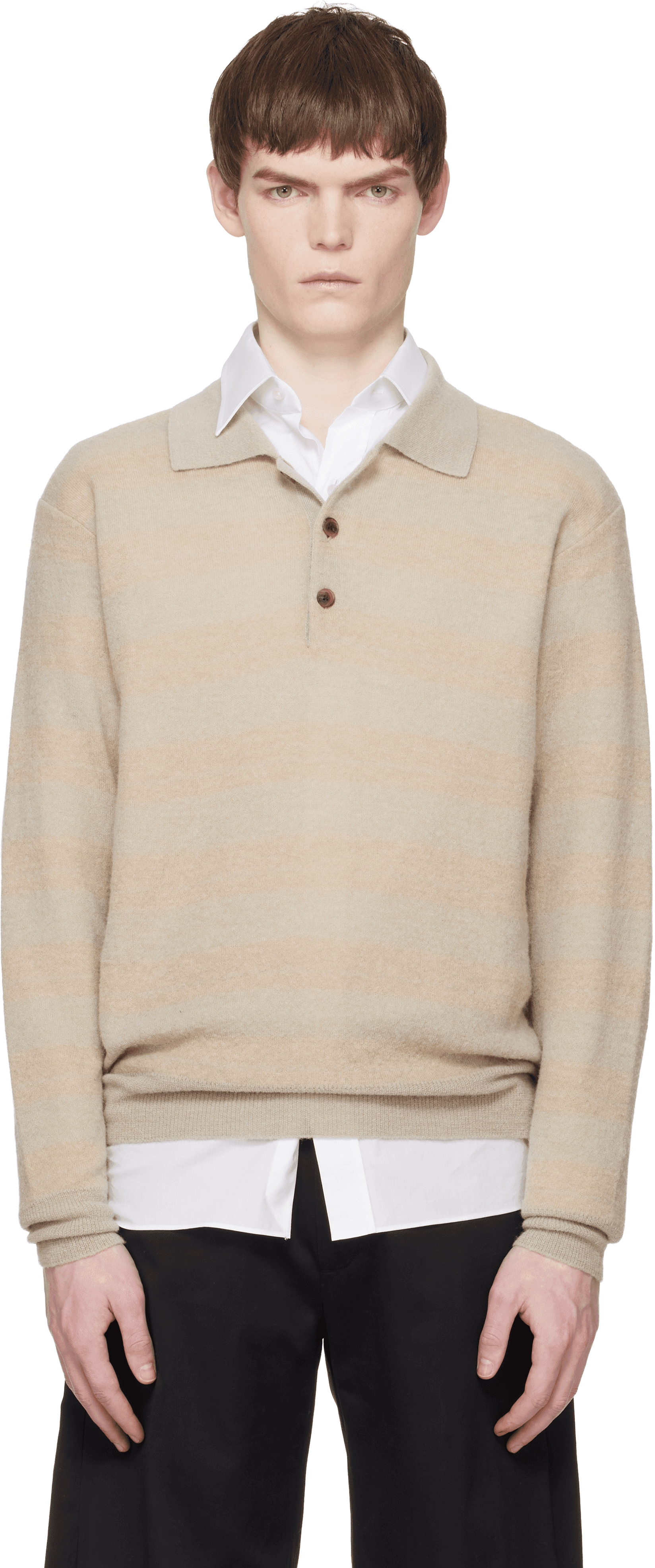 Beige Knit Stripe LS Polo - Image 1
