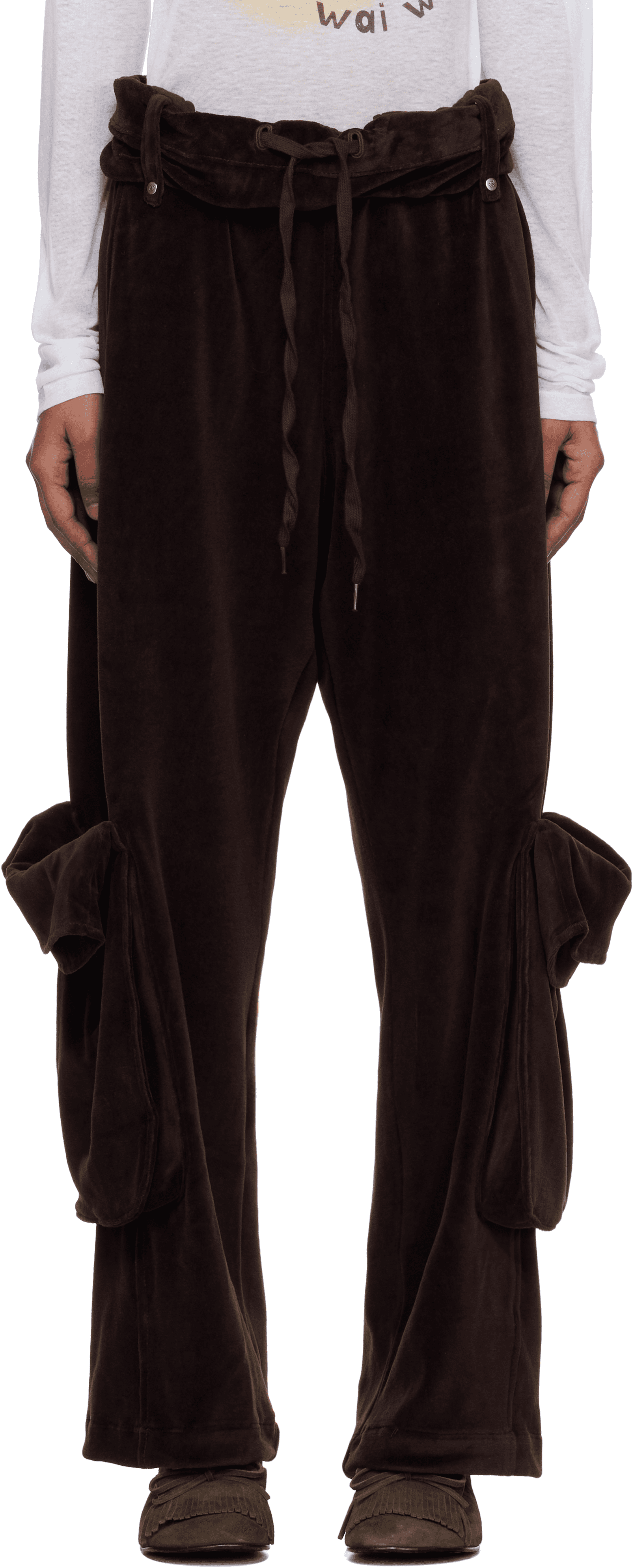 Brown Rolled Waist Velour Cargo Pants - Image 1