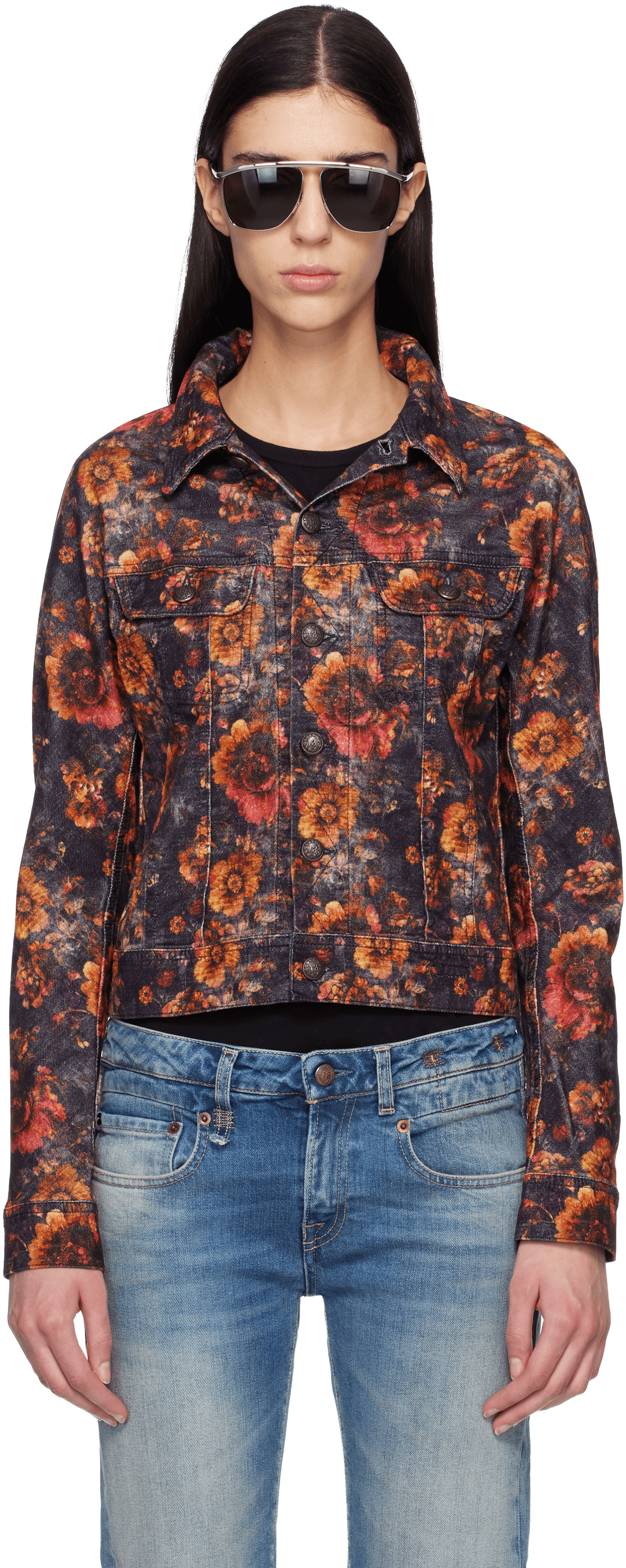 Navy & Orange Skinny Denim Trucker Jacket - Image 1