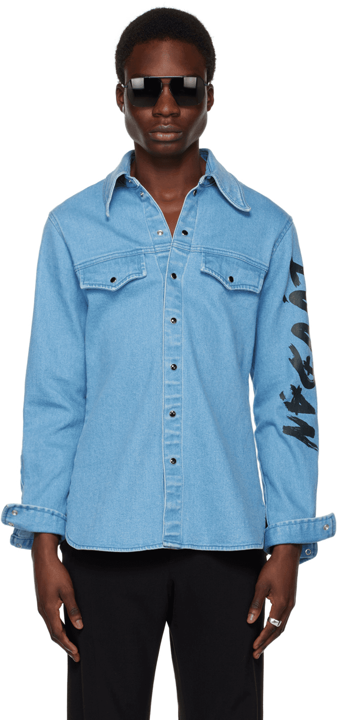 Blue Printed Denim Shirt - Image 1