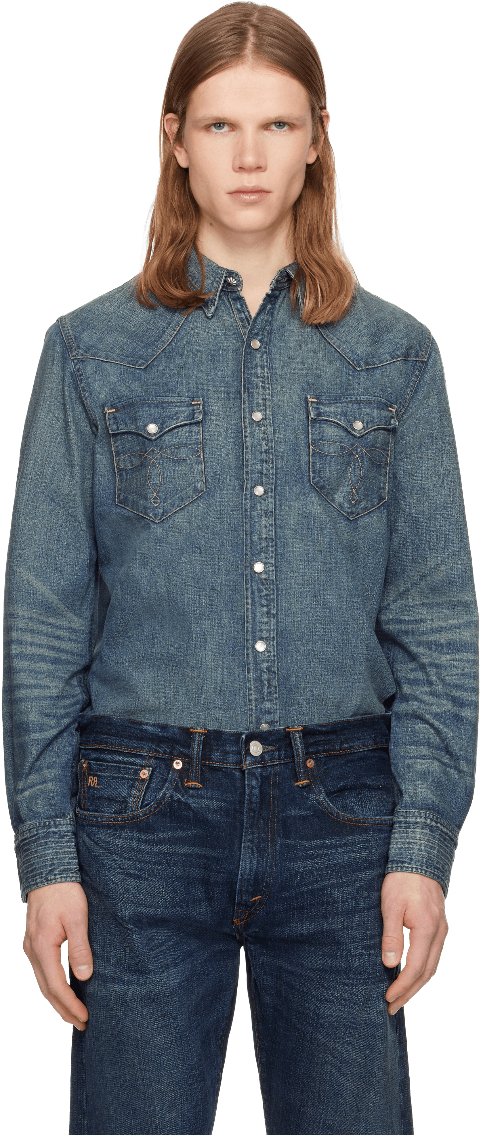 Blue Slim Fit Denim Western Shirt - Image 1
