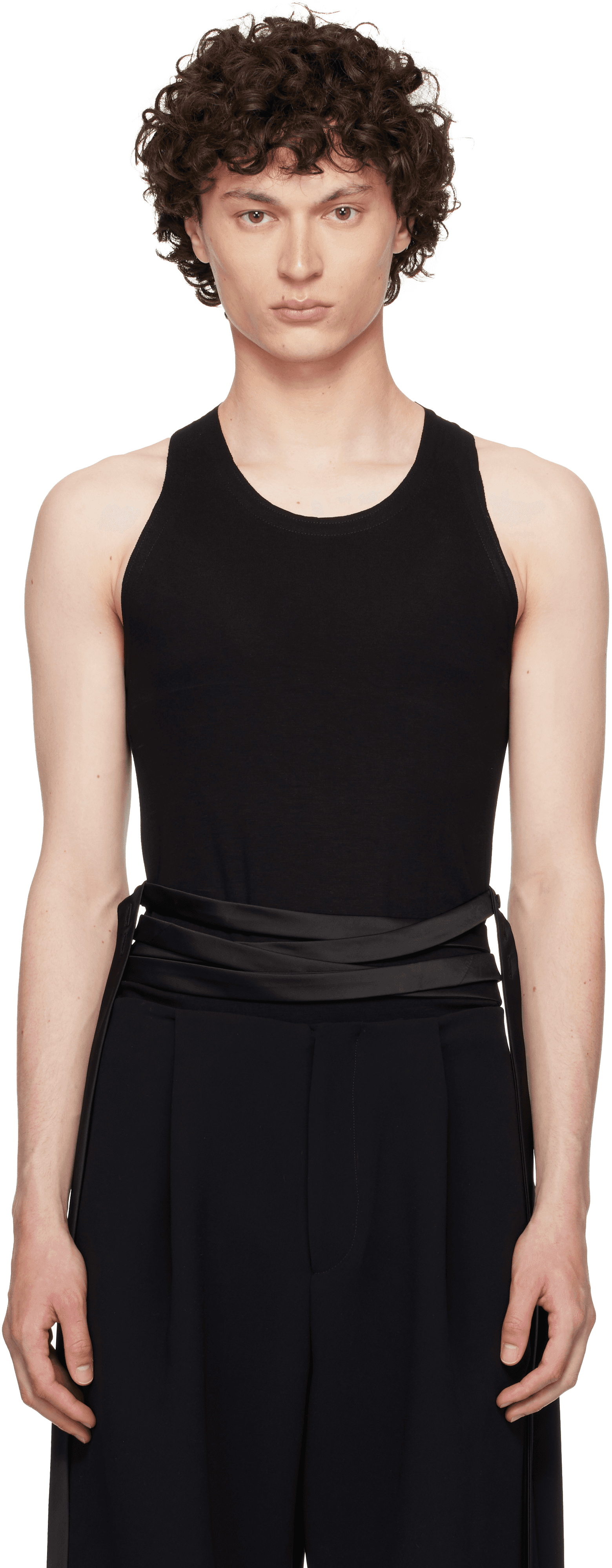 Black Satin Tie Jersey Tank Top - Image 1