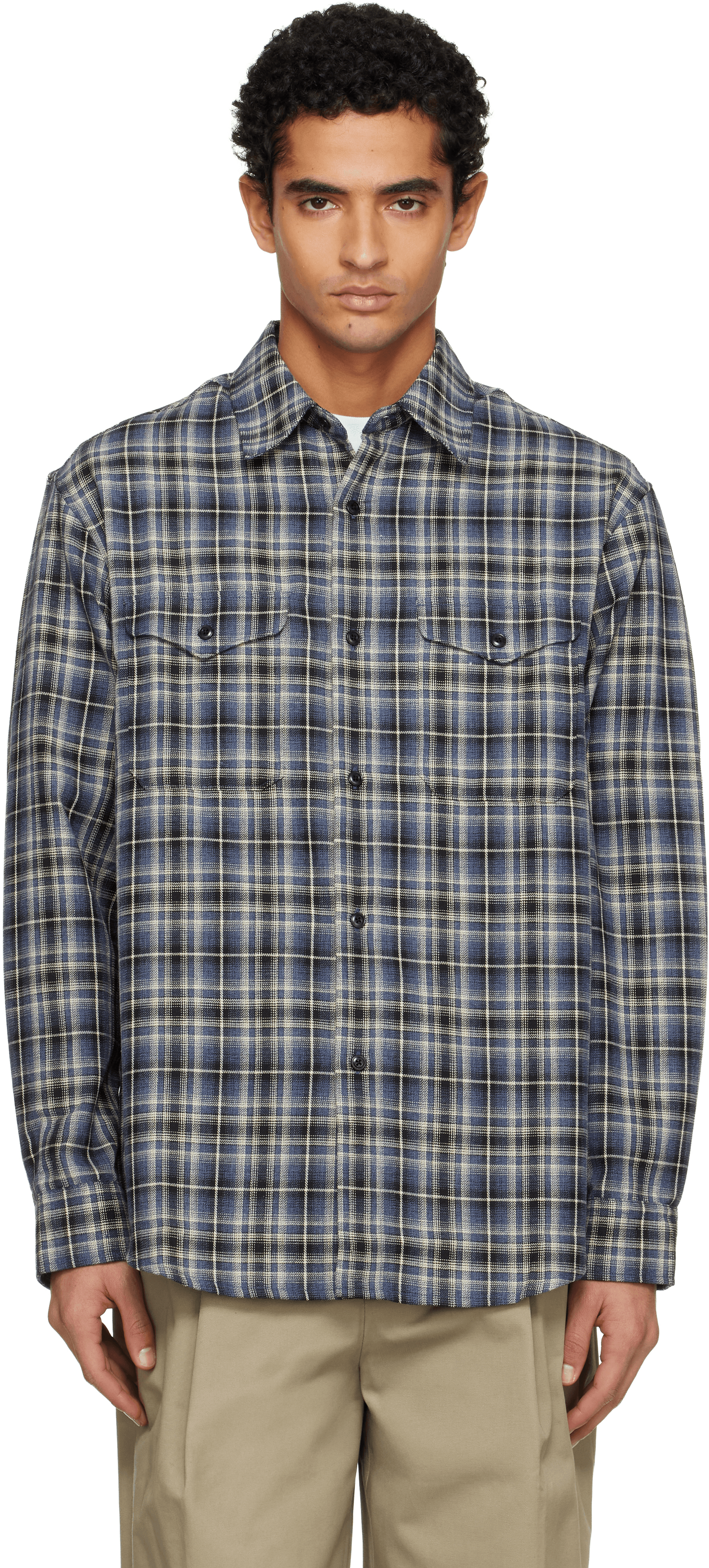 Navy Checked Cotton Double Pocket Shirt - Image 1