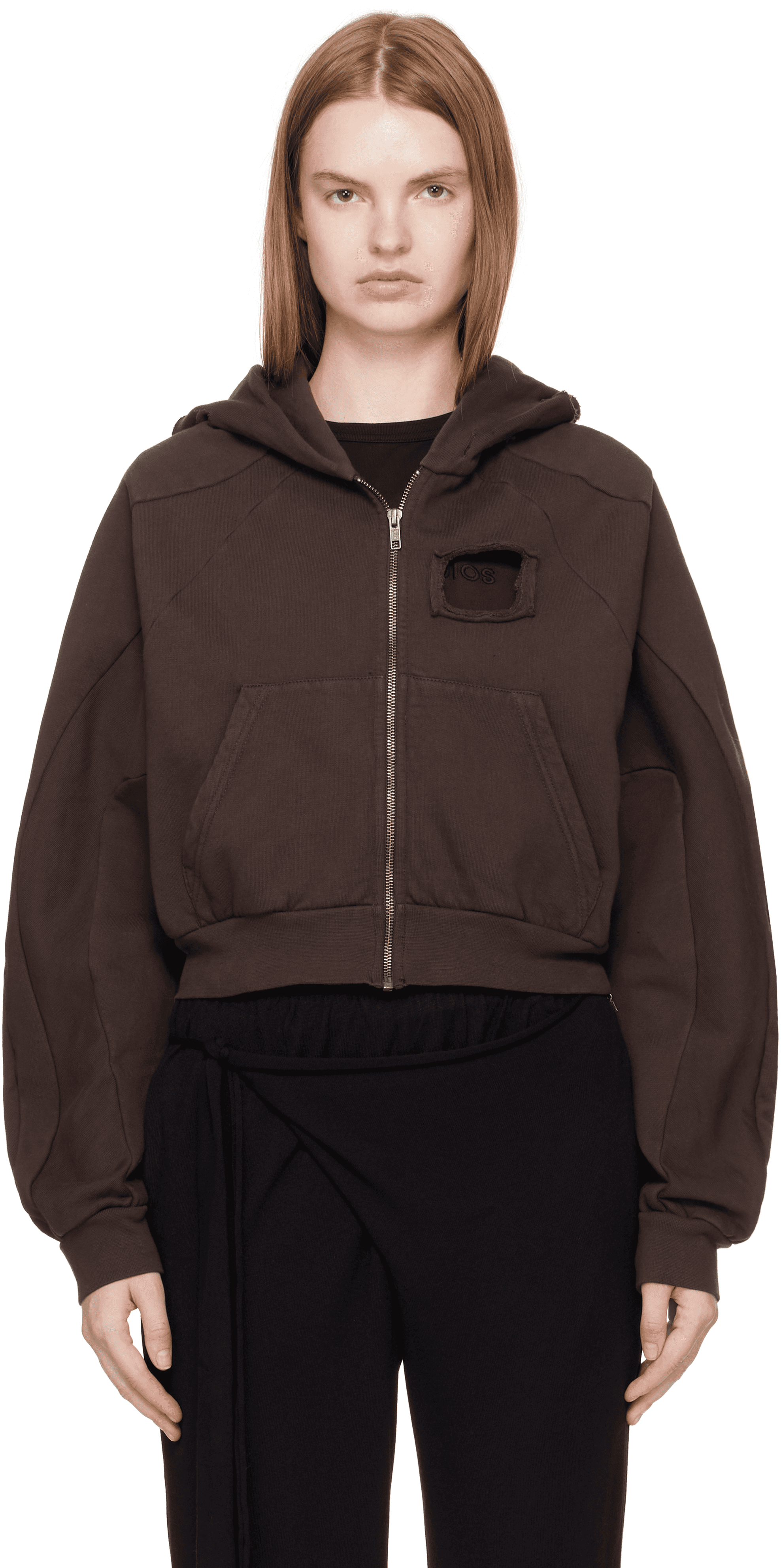 Brown Distressed Multiline Zip Hoodie - Image 1