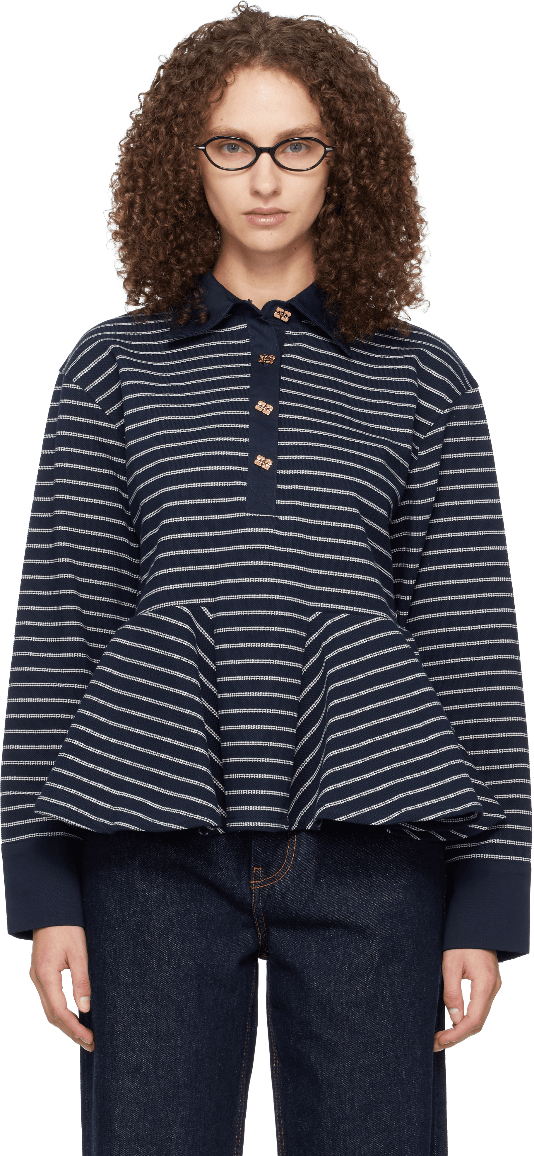 Navy Single Piqué Peplum Polo - Image 1
