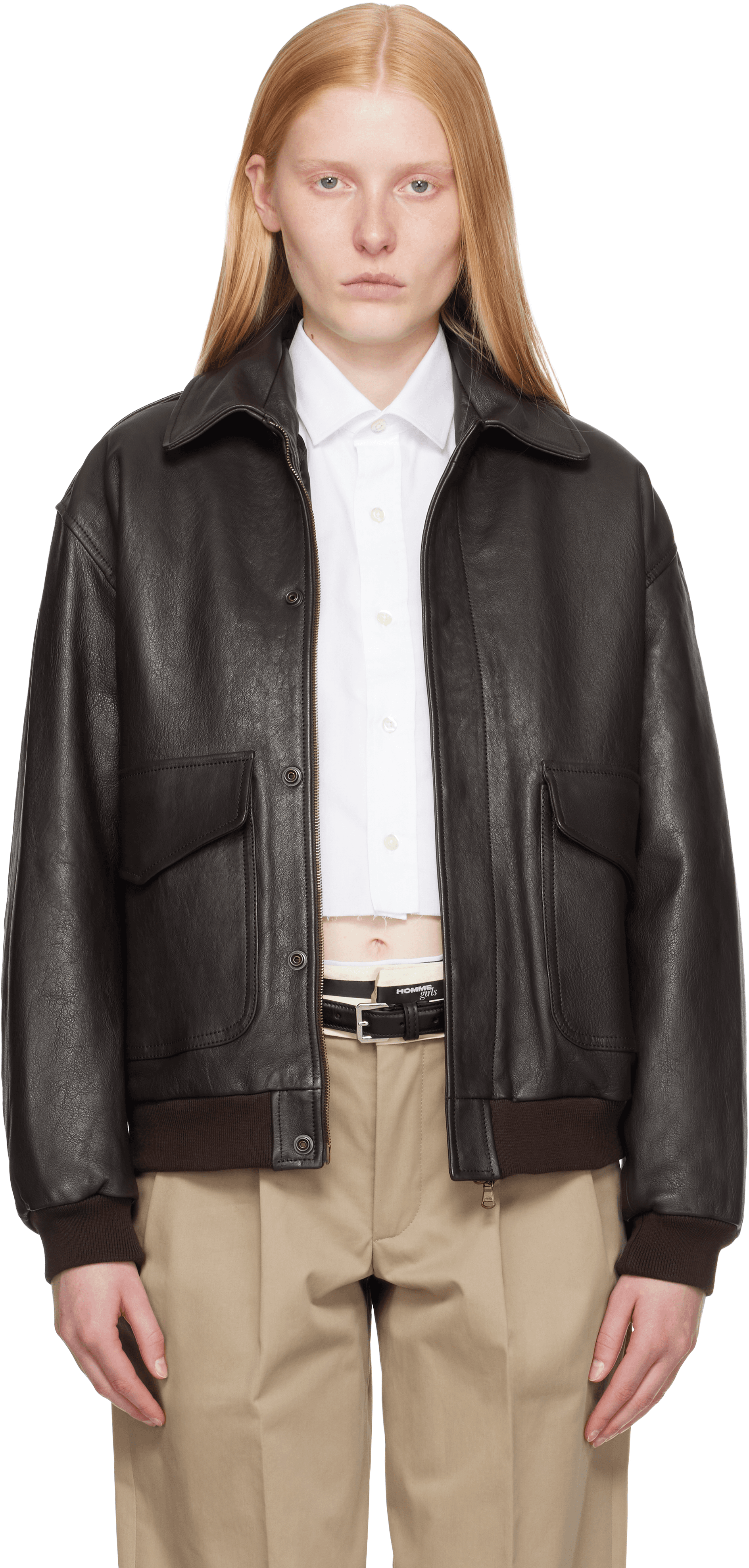 Brown Leather Bomber Jacket - Image 1