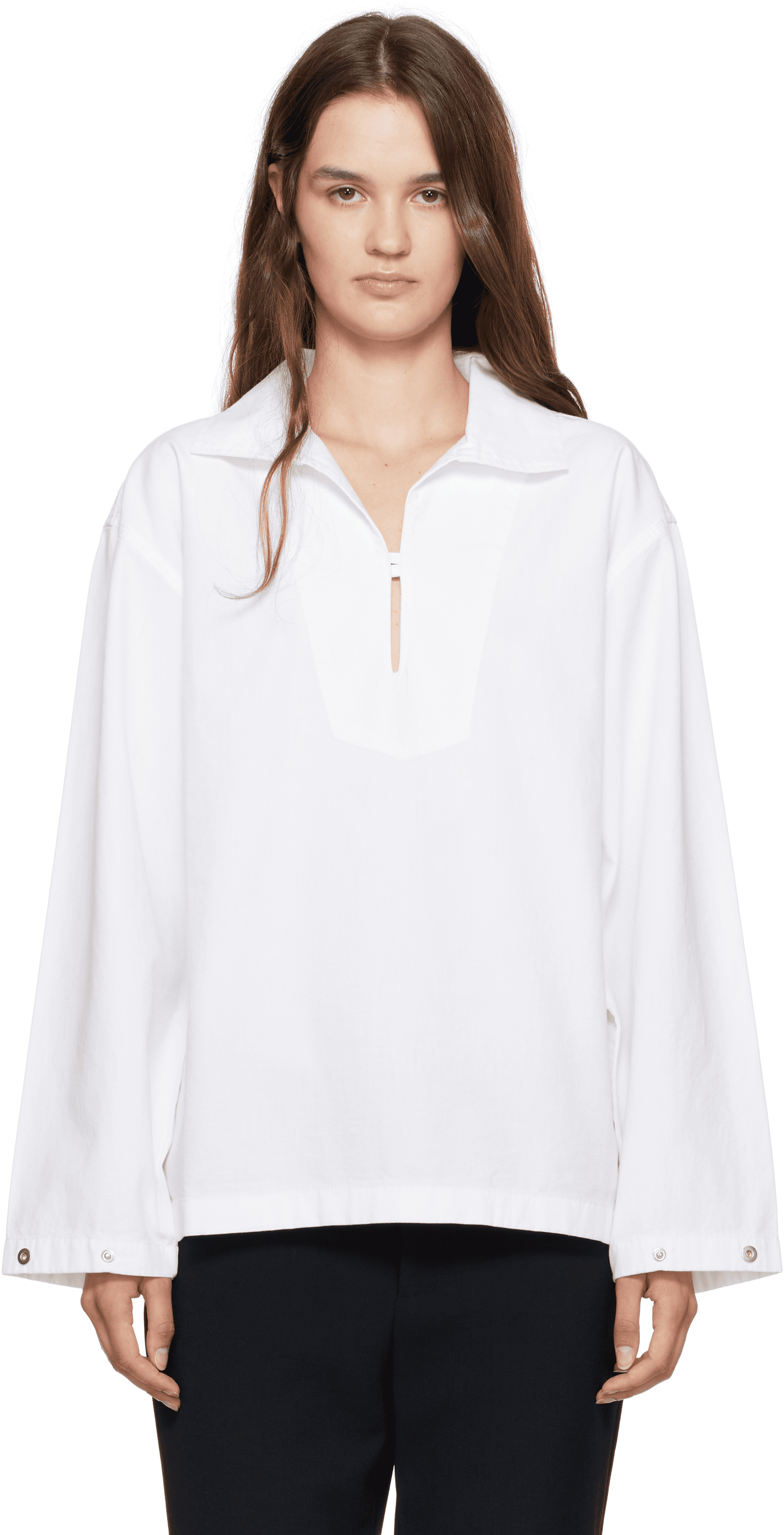 White Tab Detail Denim Blouse - Image 1
