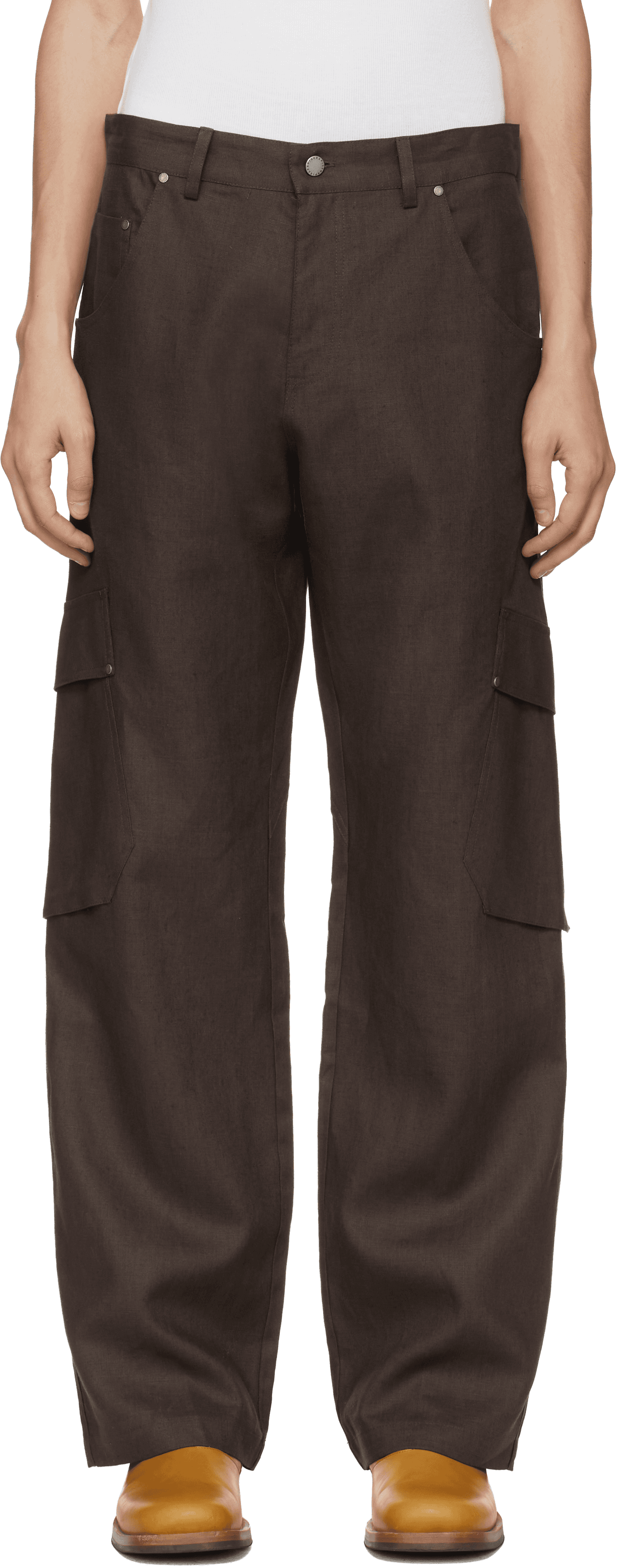 Brown Riveted Linen Cargo Pants - Image 1