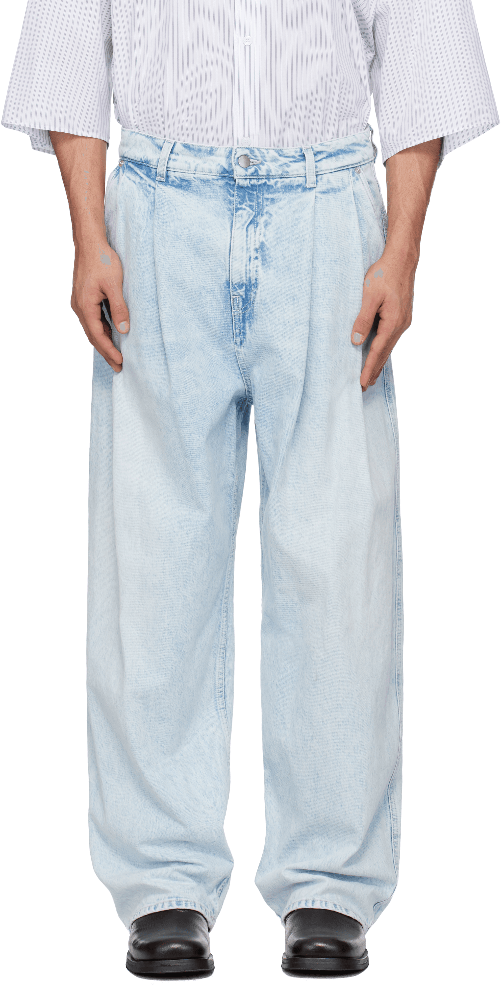Blue Light Wash Pleated Jeans - Image 1