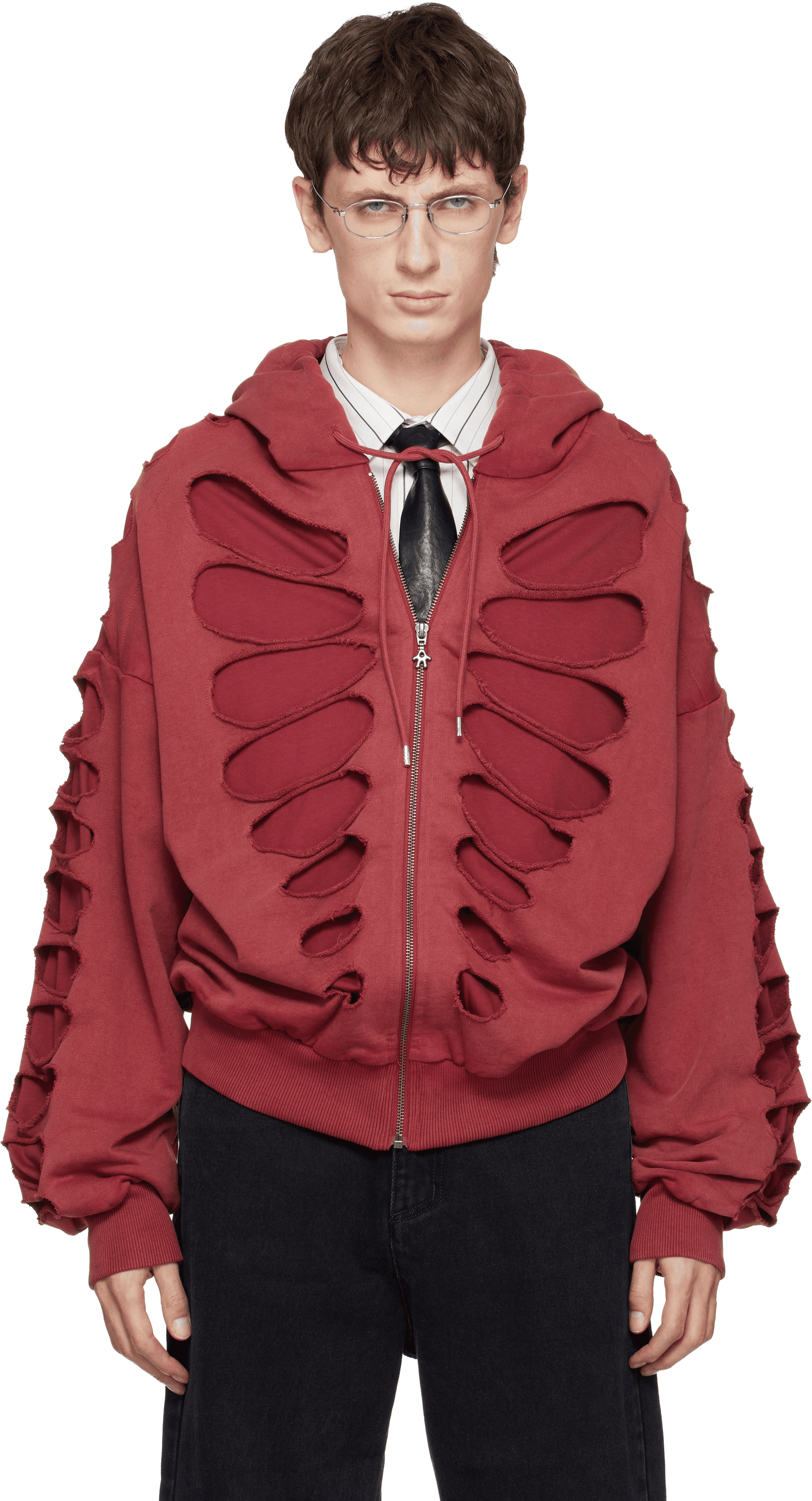 Red Shoulderless Cutout Hoodie - Image 1