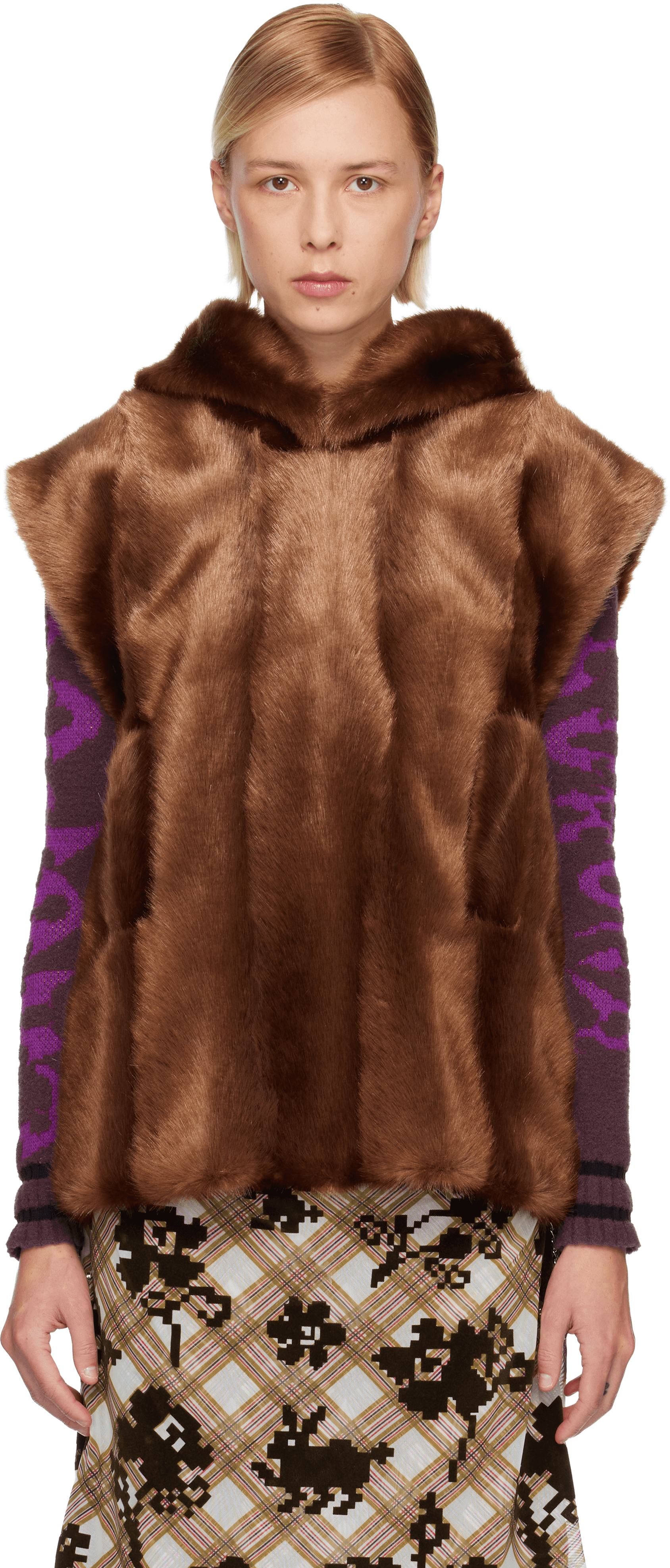 SSENSE Exclusive Brown Sleeveless Faux-Mink Hoodie - Image 1