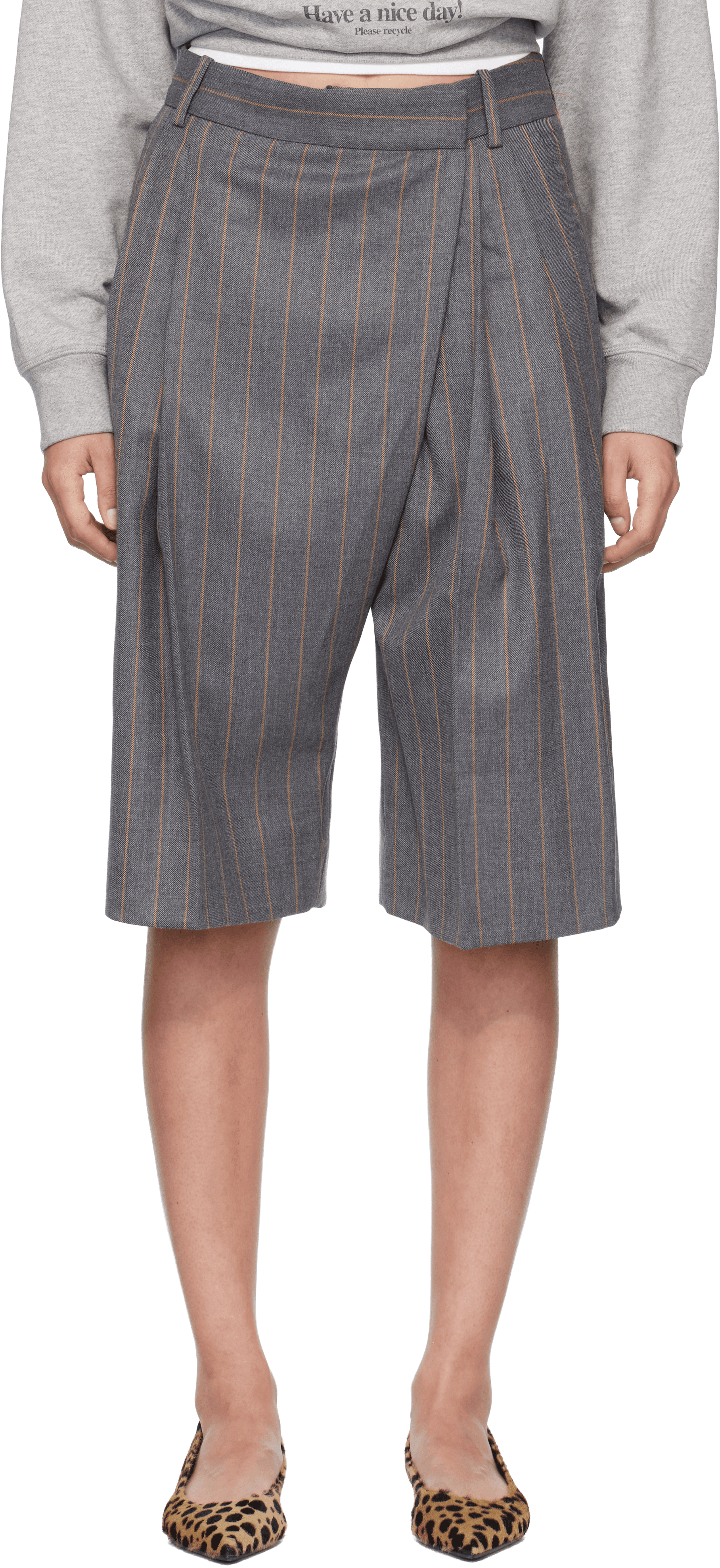 Gray Wool Stripe Wrap Shorts - Image 1