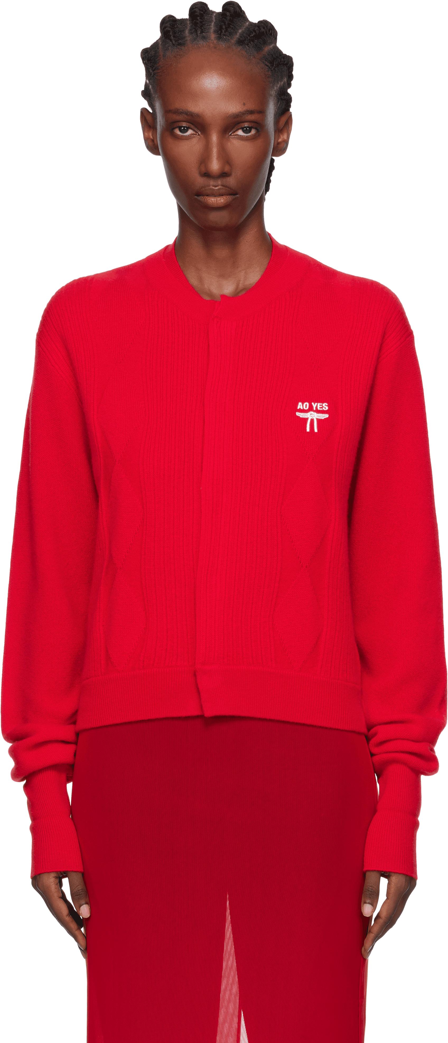 Red Double Collar Logo Embroidery Cardigan - Image 1