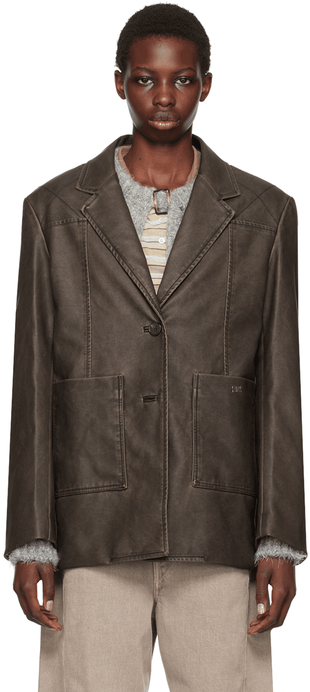 Brown Stitched Faux-Leather Blazer - Image 1
